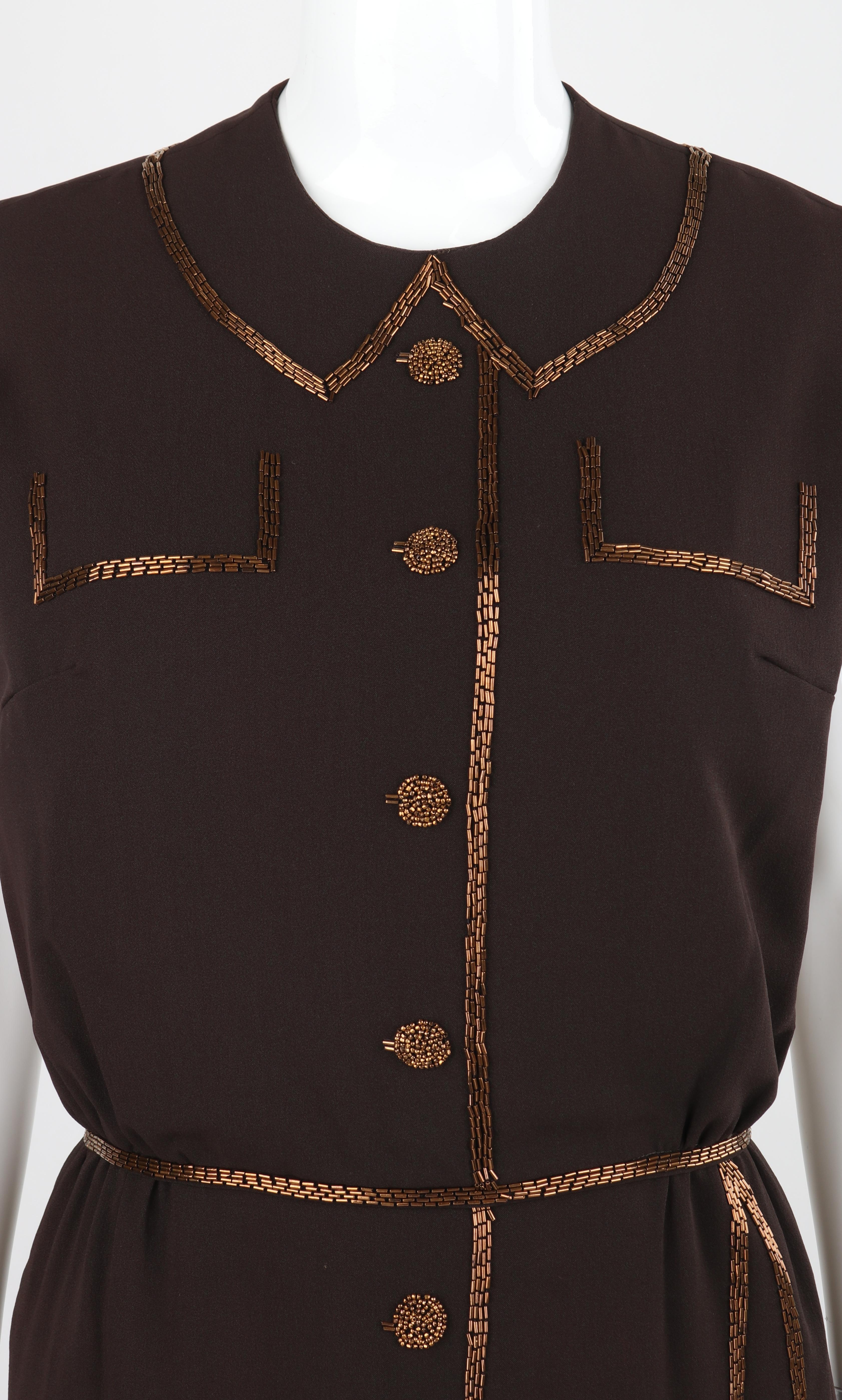 ROBBIE BEE c.1940's Vtg Brown Copper Hand Beaded Accent Trompe-L'oeil Day Dress For Sale 3