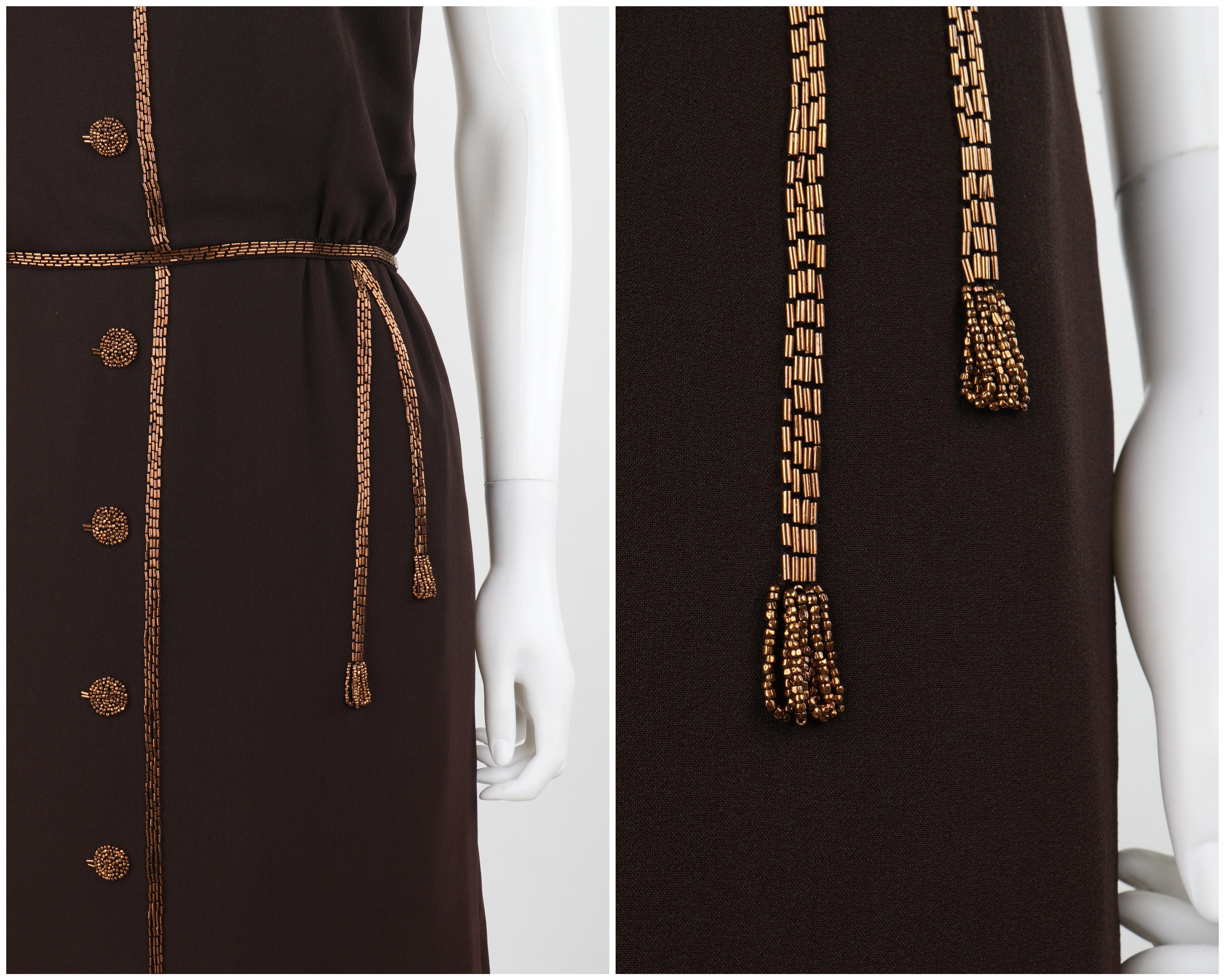 ROBBIE BEE c.1940's Vtg Brown Copper Hand Beaded Accent Trompe-L'oeil Day Dress For Sale 4