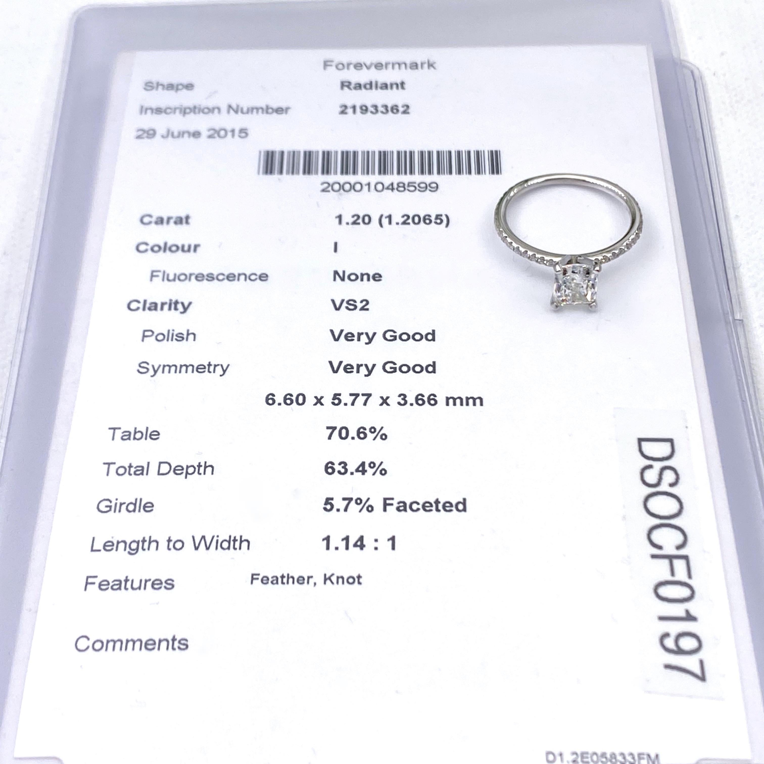 Women's Robbins Bros FOREVERMARK Radiant Diamond Engagement Ring 1.45 Carat For Sale