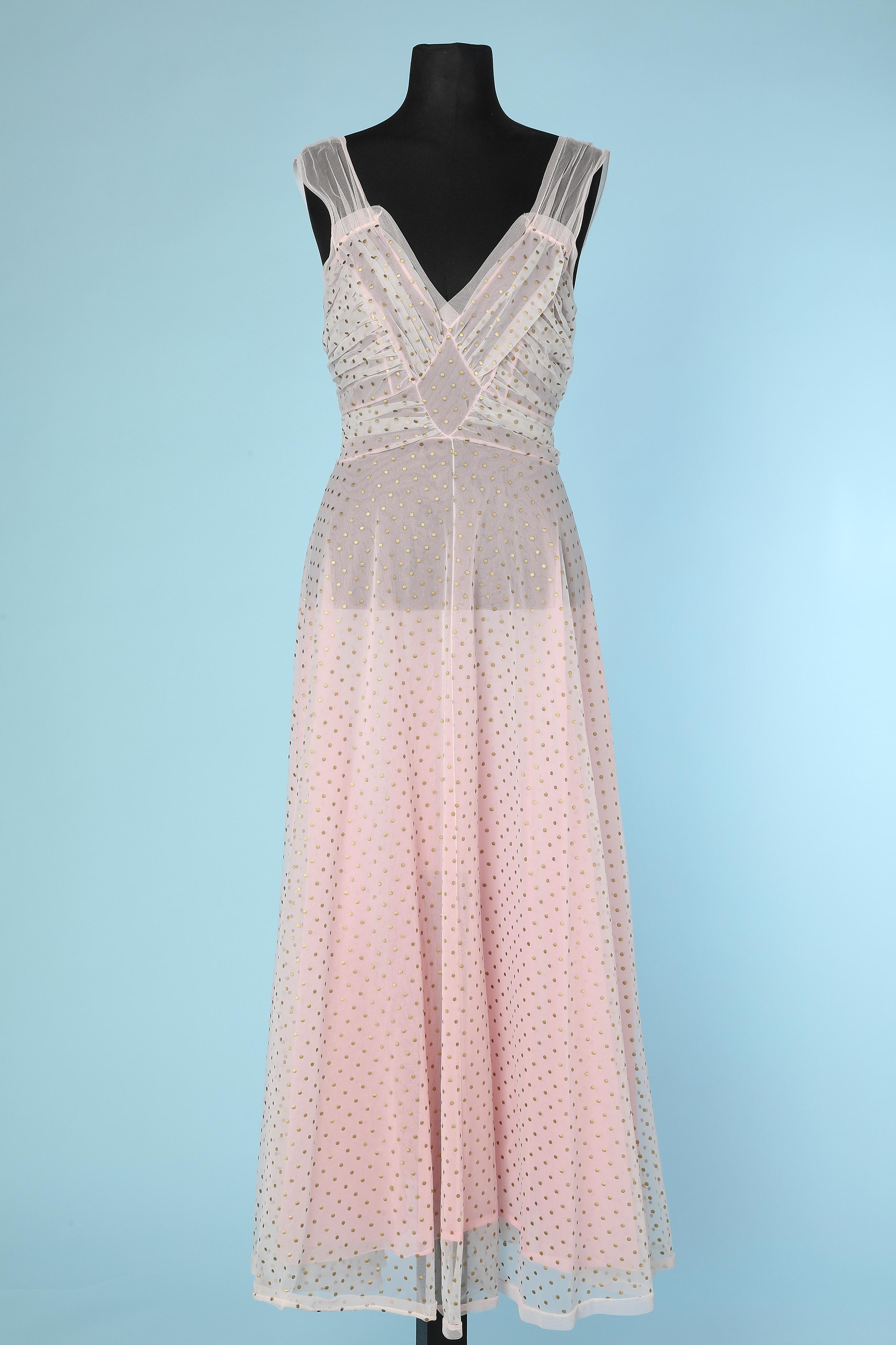 Robe and night-gown in pink nylon and tulle with gold Polka dots Schiaparelli  For Sale 1