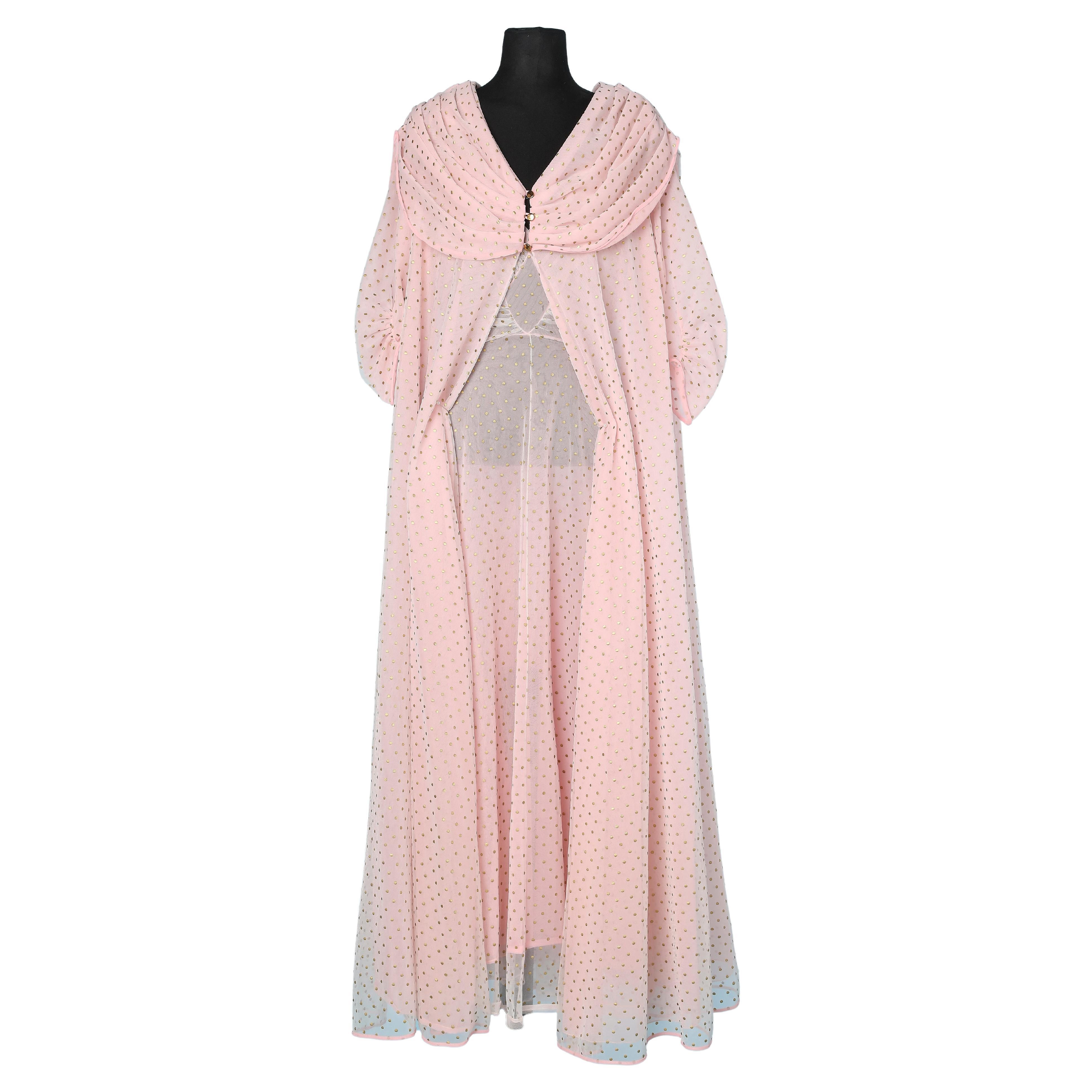 Robe and night-gown in pink nylon and tulle with gold Polka dots Schiaparelli  For Sale