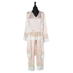 Vintage Robe and pyjamas in pastel silk satin and lace appliqué  Circa 1930