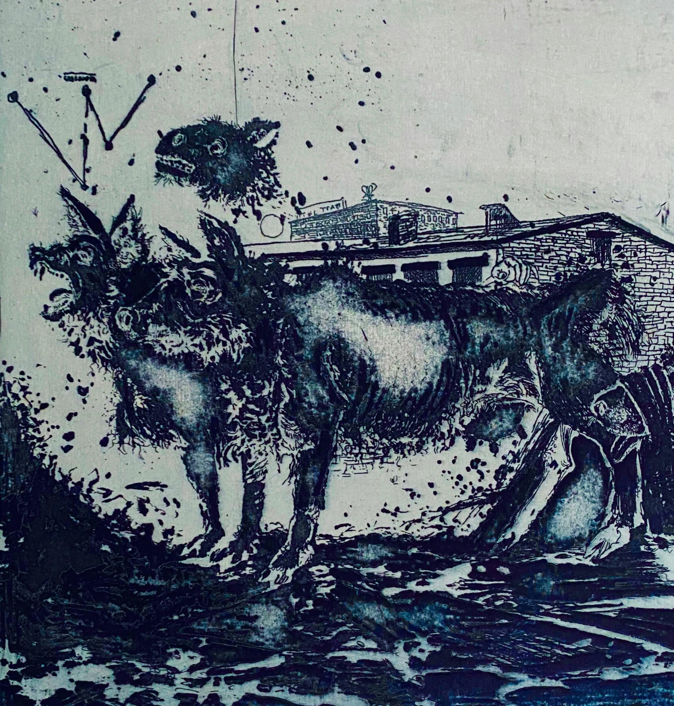 4 Animali, acquaforte astratta modernista americana - Print di Robert A. Birmelin