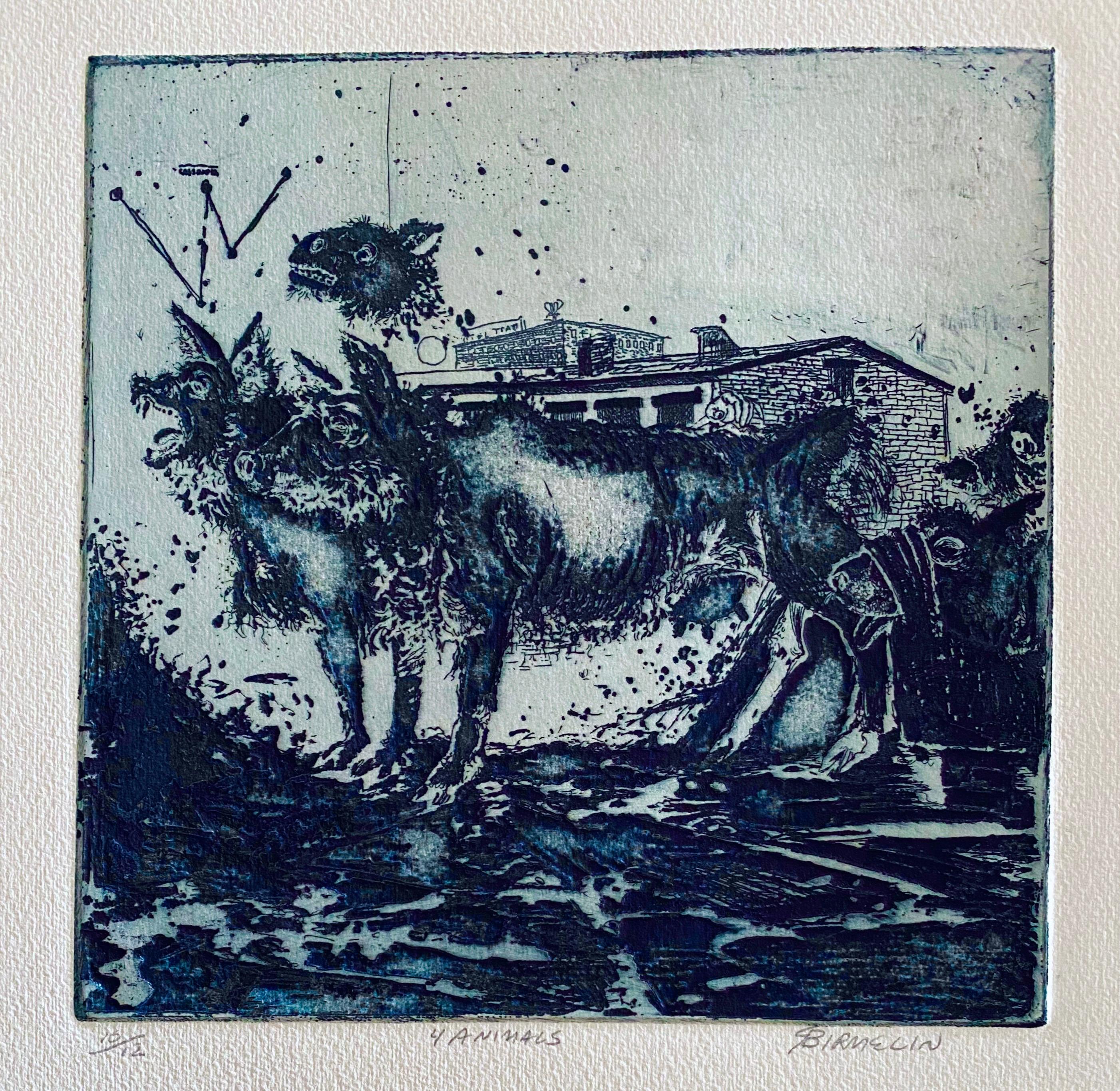 Robert A. Birmelin Abstract Print - 4 Animals, American Modernist Abstract Etching
