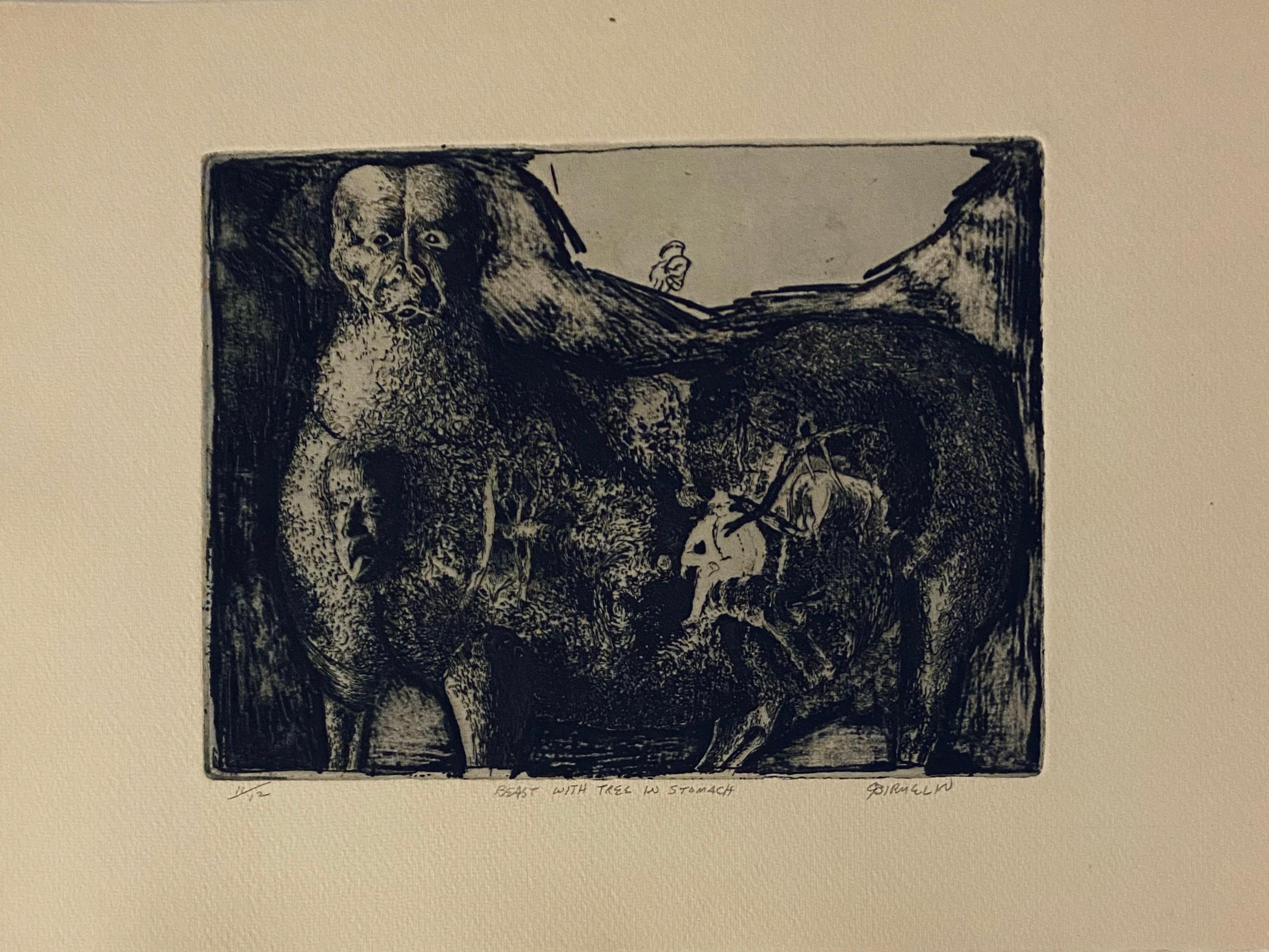 Peu de bête avec un arbre dans le ventre, gravure abstraite moderniste américaine - Print de Robert A. Birmelin