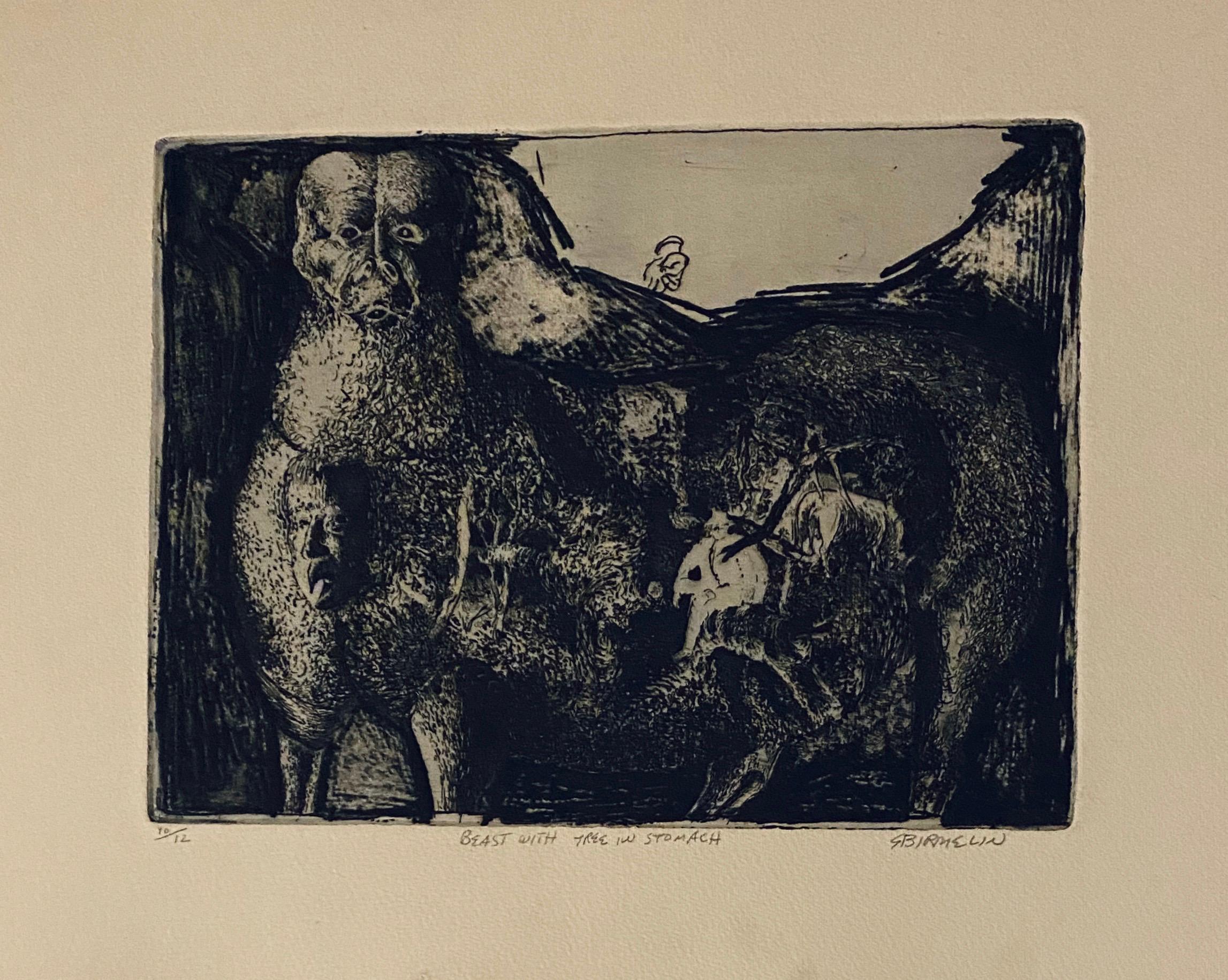Beast With Tree In Stomach, American Modernist Abstract Etching - Print by Robert A. Birmelin