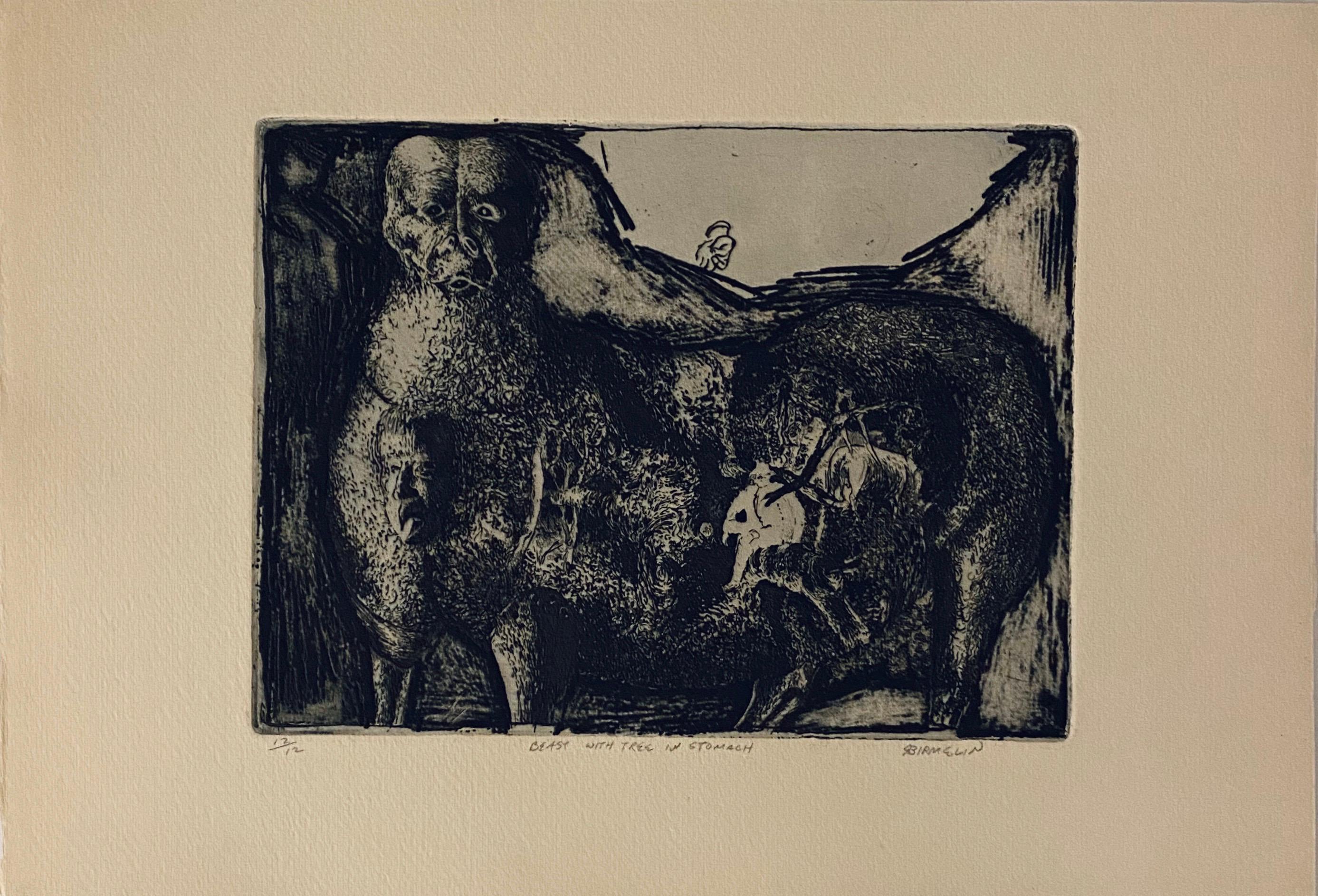 Beast With Tree In Stomach, American Modernist Abstract Etching - Print by Robert A. Birmelin