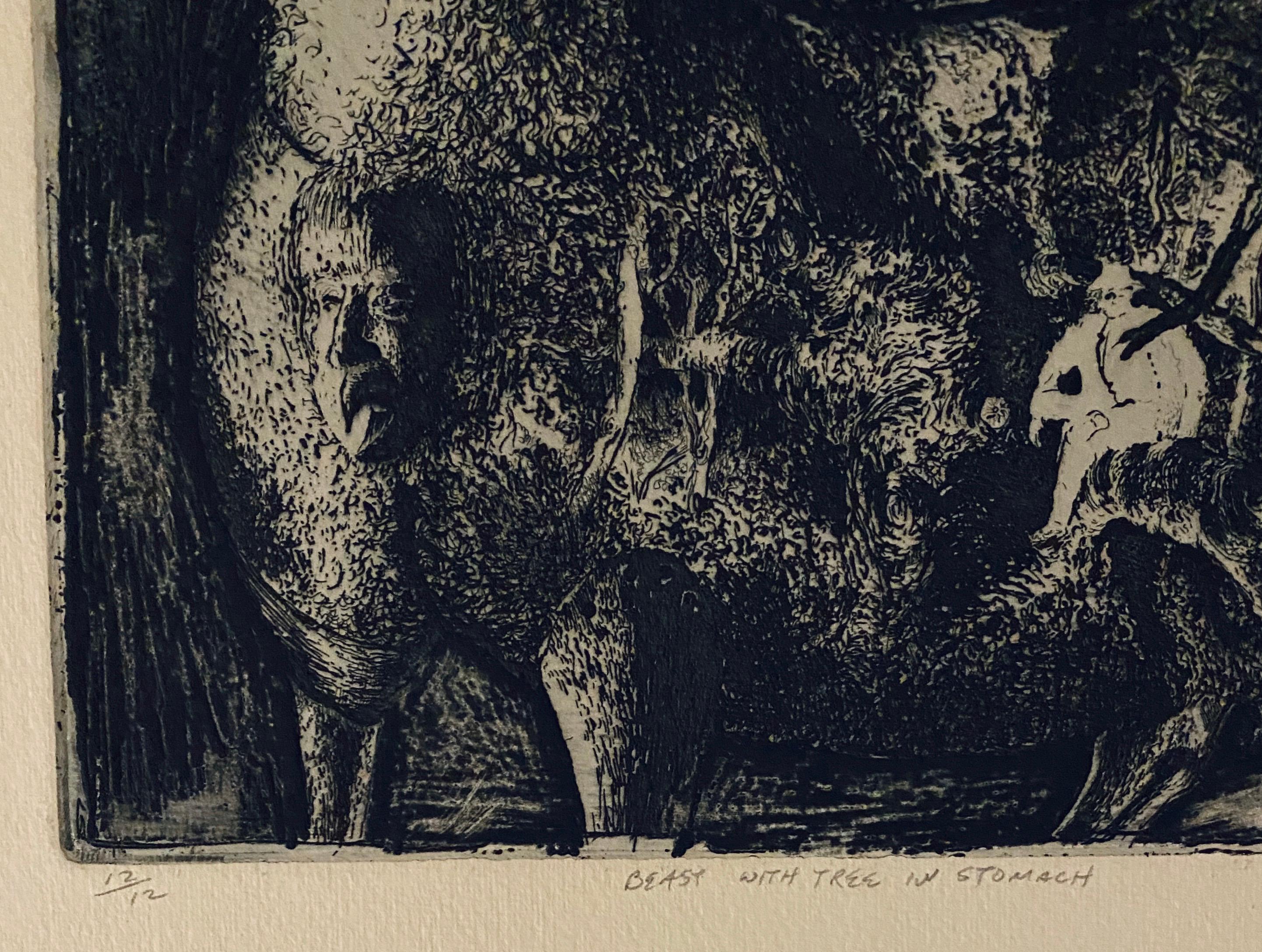 Beast With Tree In Stomach, American Modernist Abstract Etching - Black Interior Print by Robert A. Birmelin