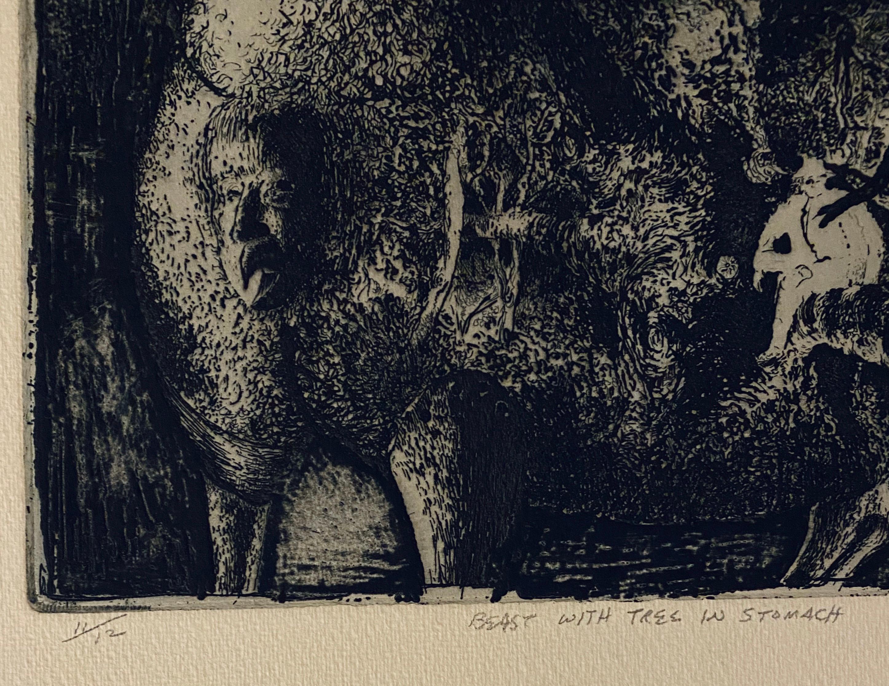 Peu de bête avec un arbre dans le ventre, gravure abstraite moderniste américaine - Modernisme américain Print par Robert A. Birmelin