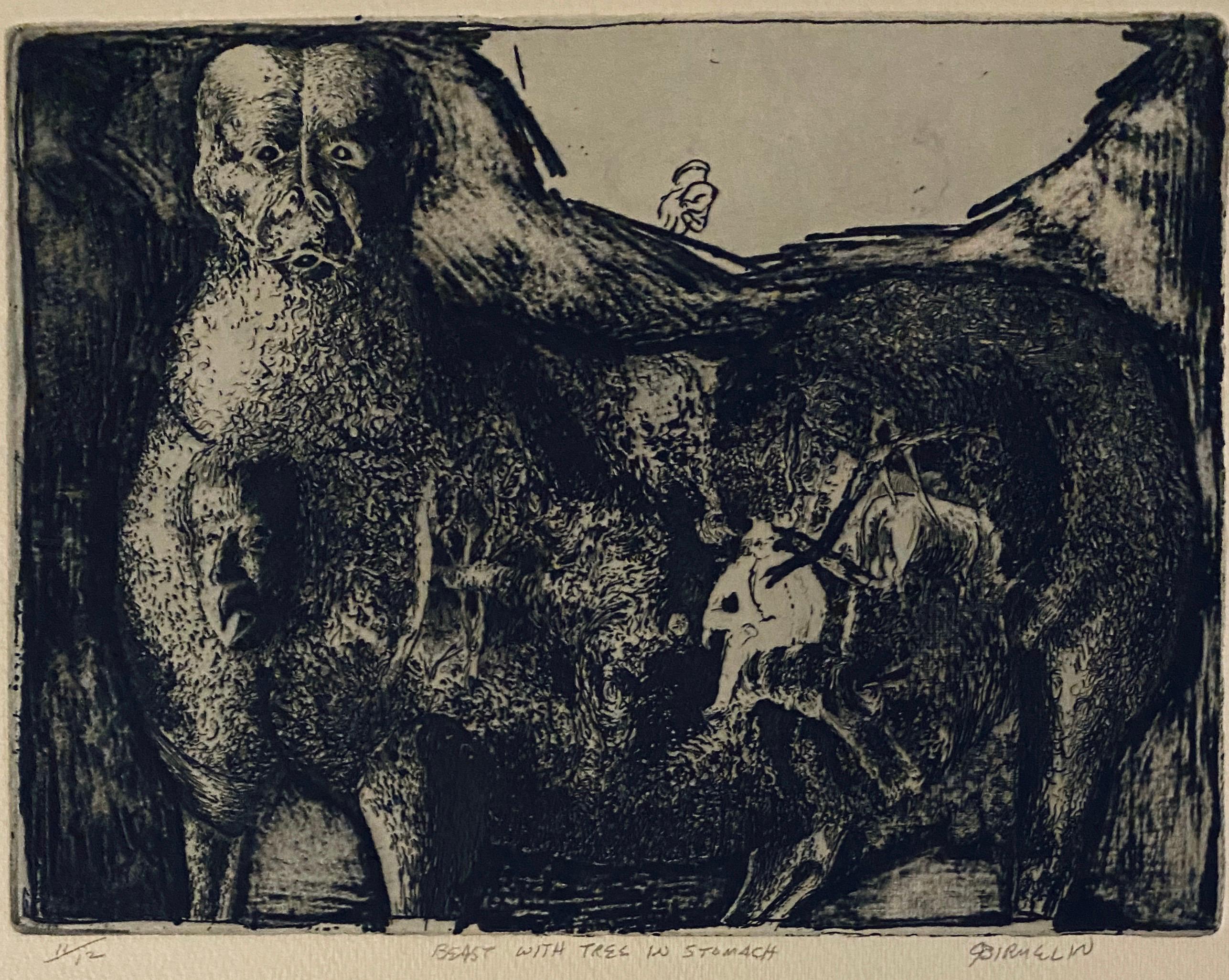 Interior Print Robert A. Birmelin - Peu de bête avec un arbre dans le ventre, gravure abstraite moderniste américaine