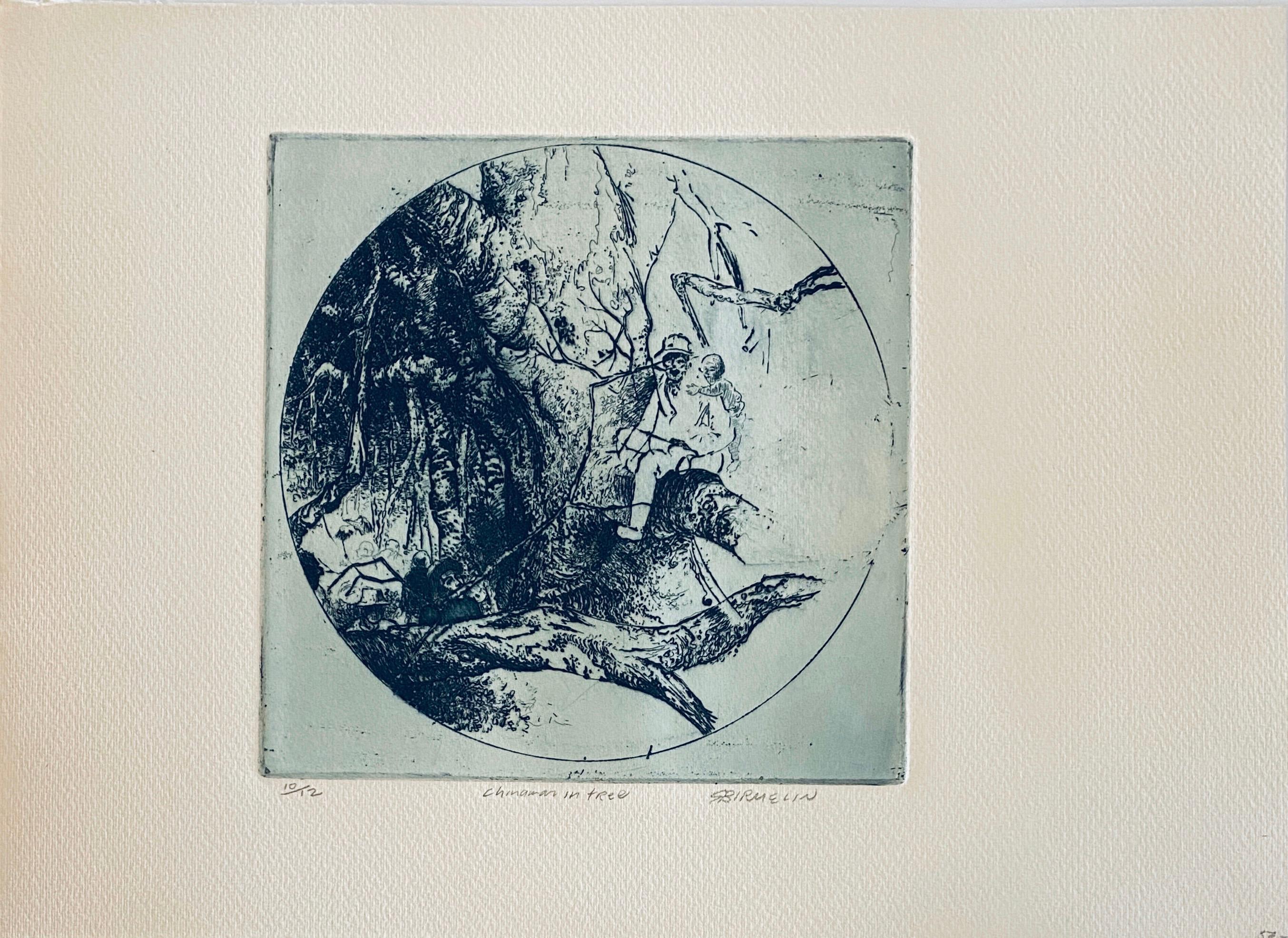 Chinese Man In Tree, American Modernist Abstract Etching - Print by Robert A. Birmelin