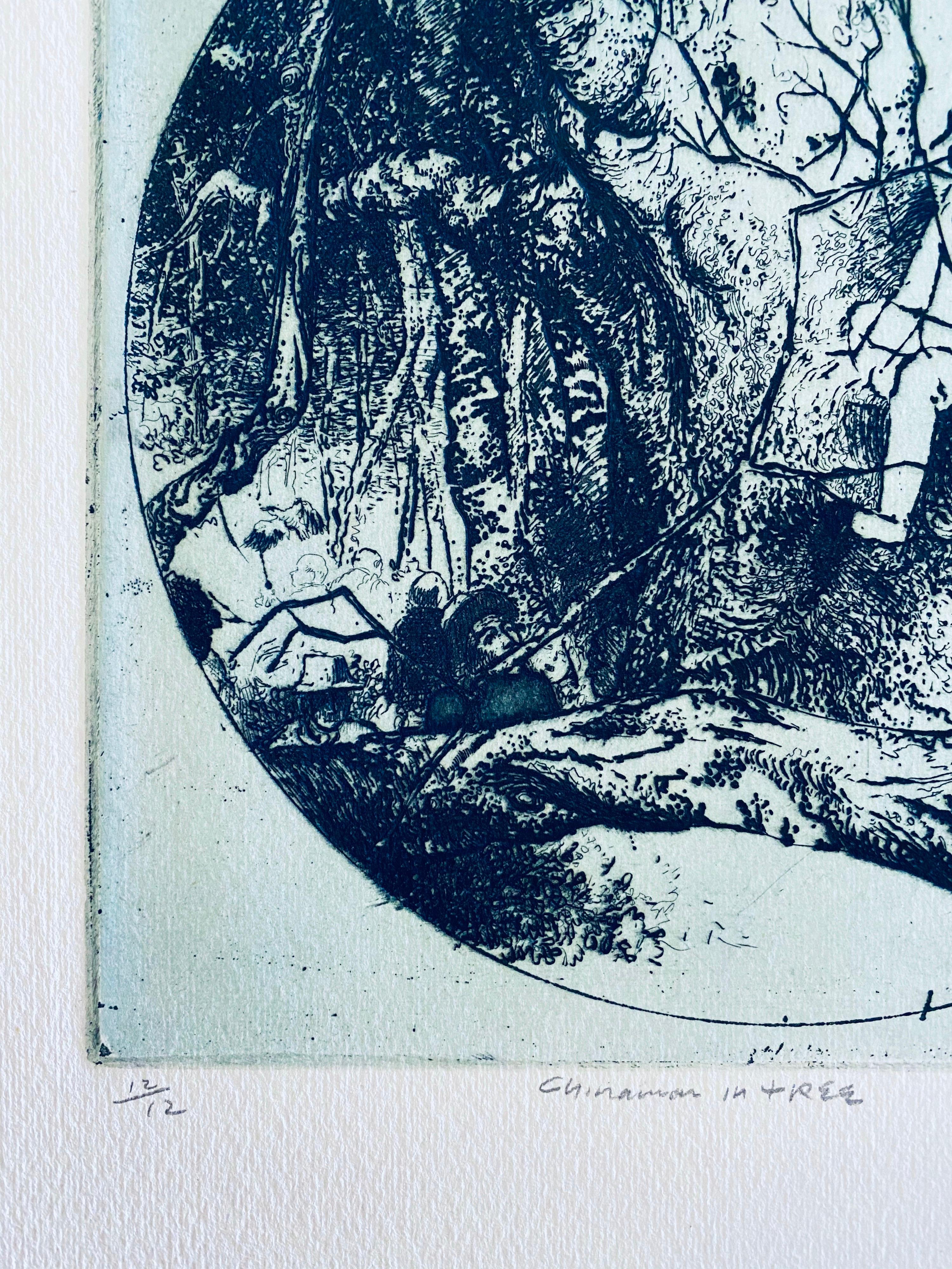 Chinese Man In Tree, American Modernist Abstract Etching - Gray Interior Print by Robert A. Birmelin