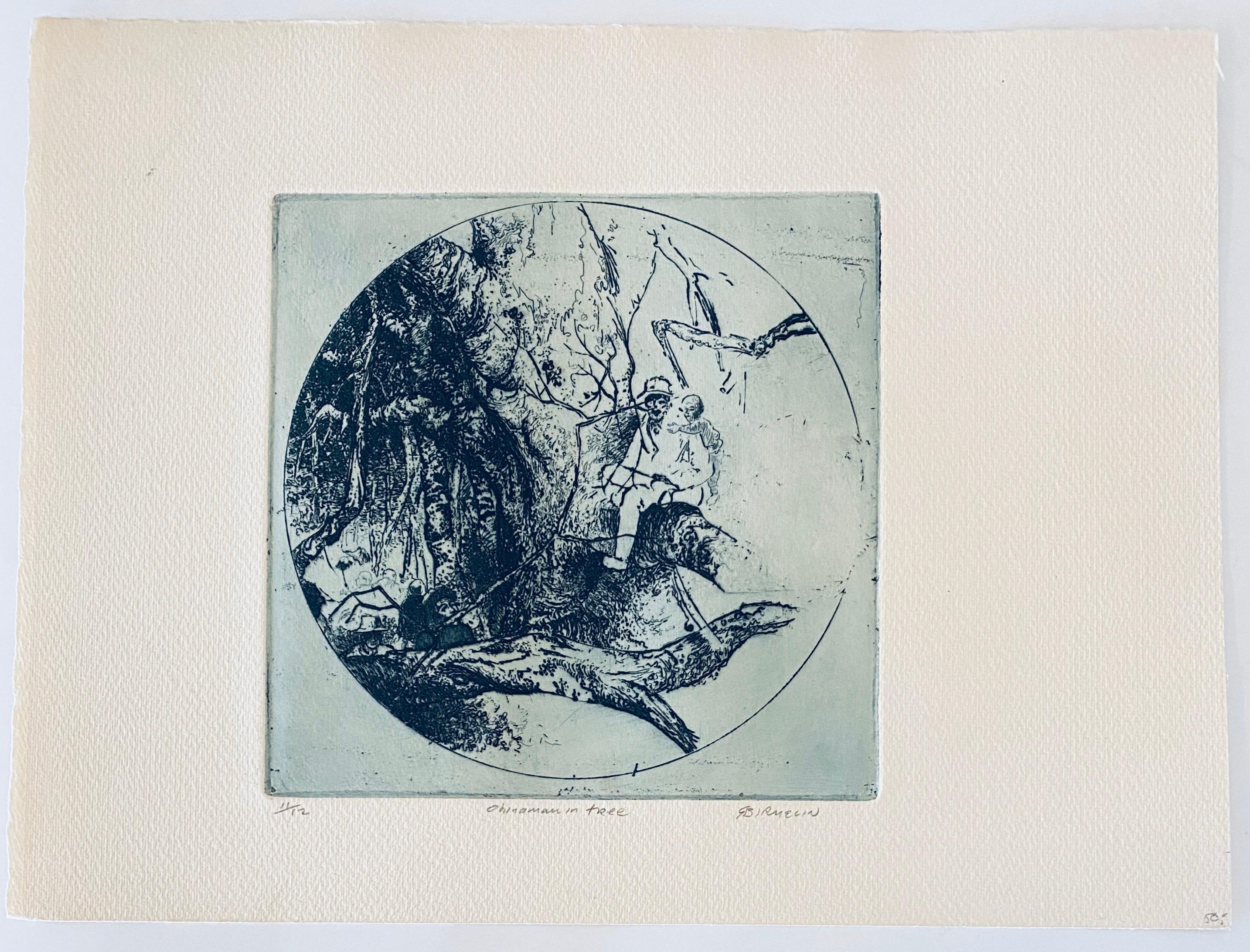 Chinese Man In Tree, American Modernist Abstract Etching For Sale 1