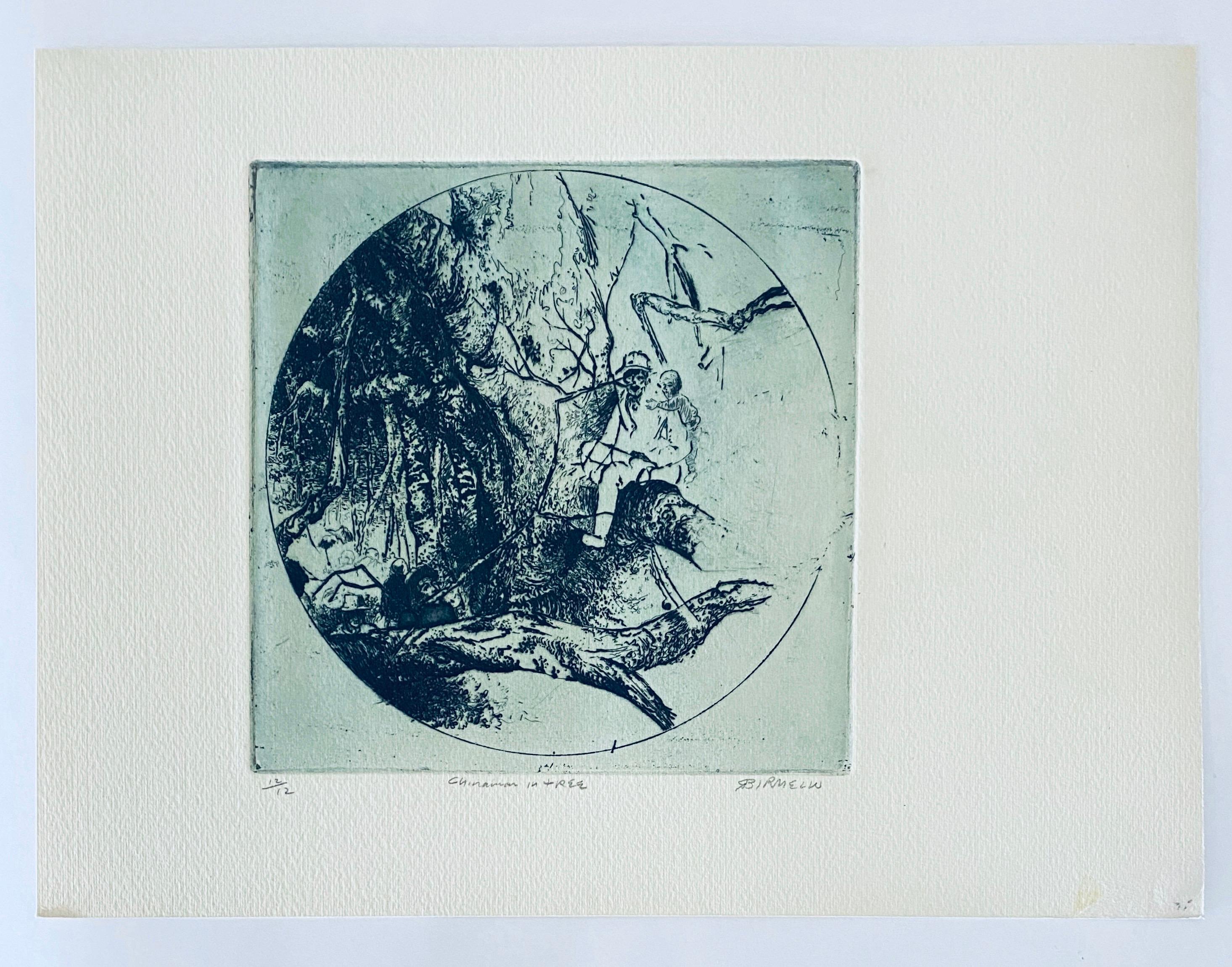 Chinese Man In Tree, American Modernist Abstract Etching For Sale 2