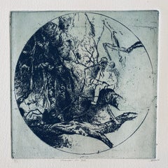 Chinese Man In Tree, American Modernist Abstract Etching