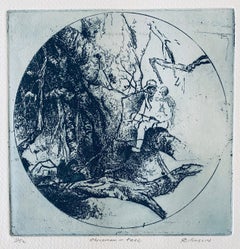 Chinese Man In Tree, American Modernist Abstract Etching