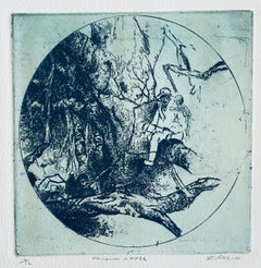 Chinese Man In Tree, American Modernist Abstract Etching