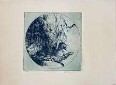 Chinese Man In Tree, American Modernist Abstract Etching