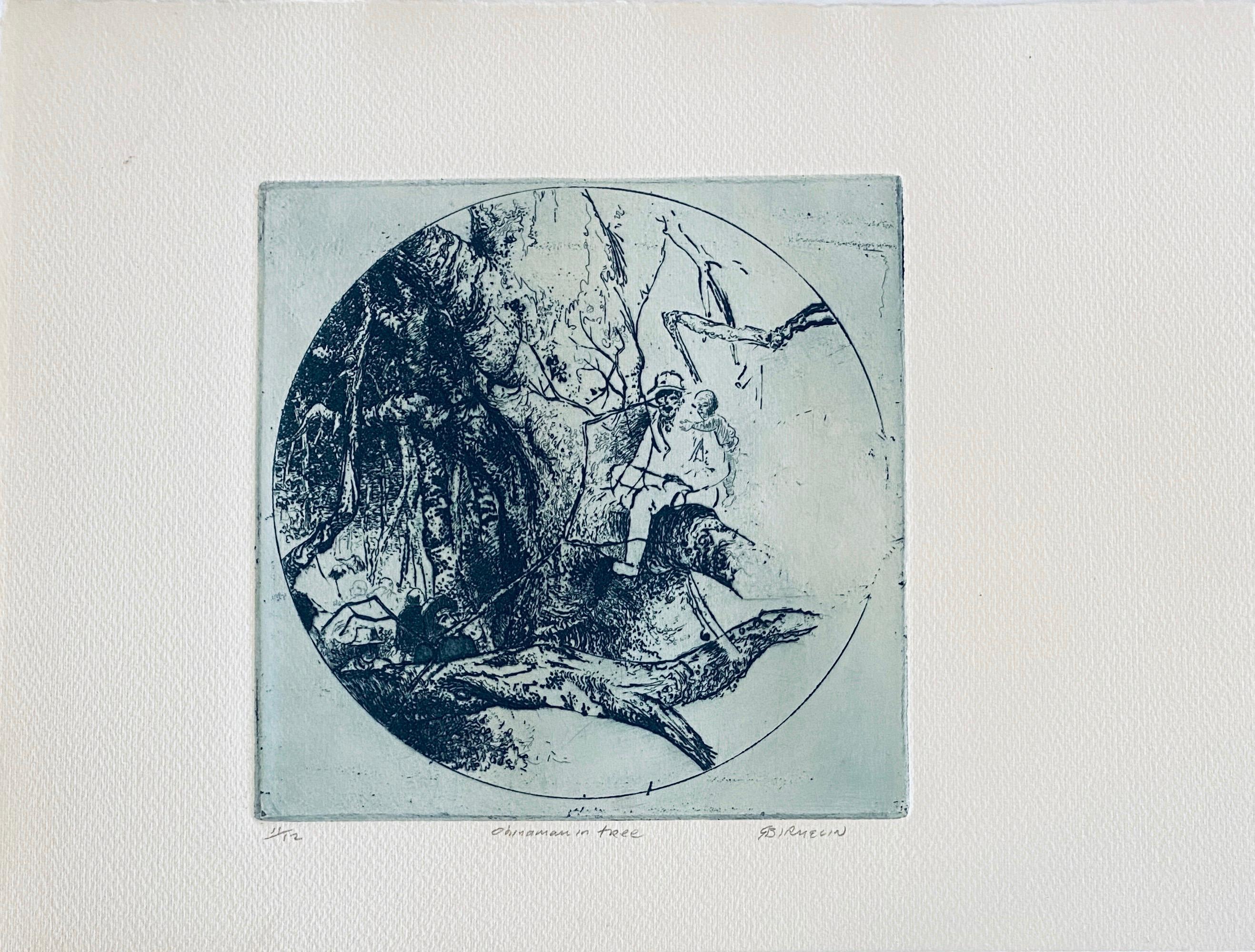 Hombre chino en un árbol, aguafuerte abstracto modernista americano - Print de Robert A. Birmelin