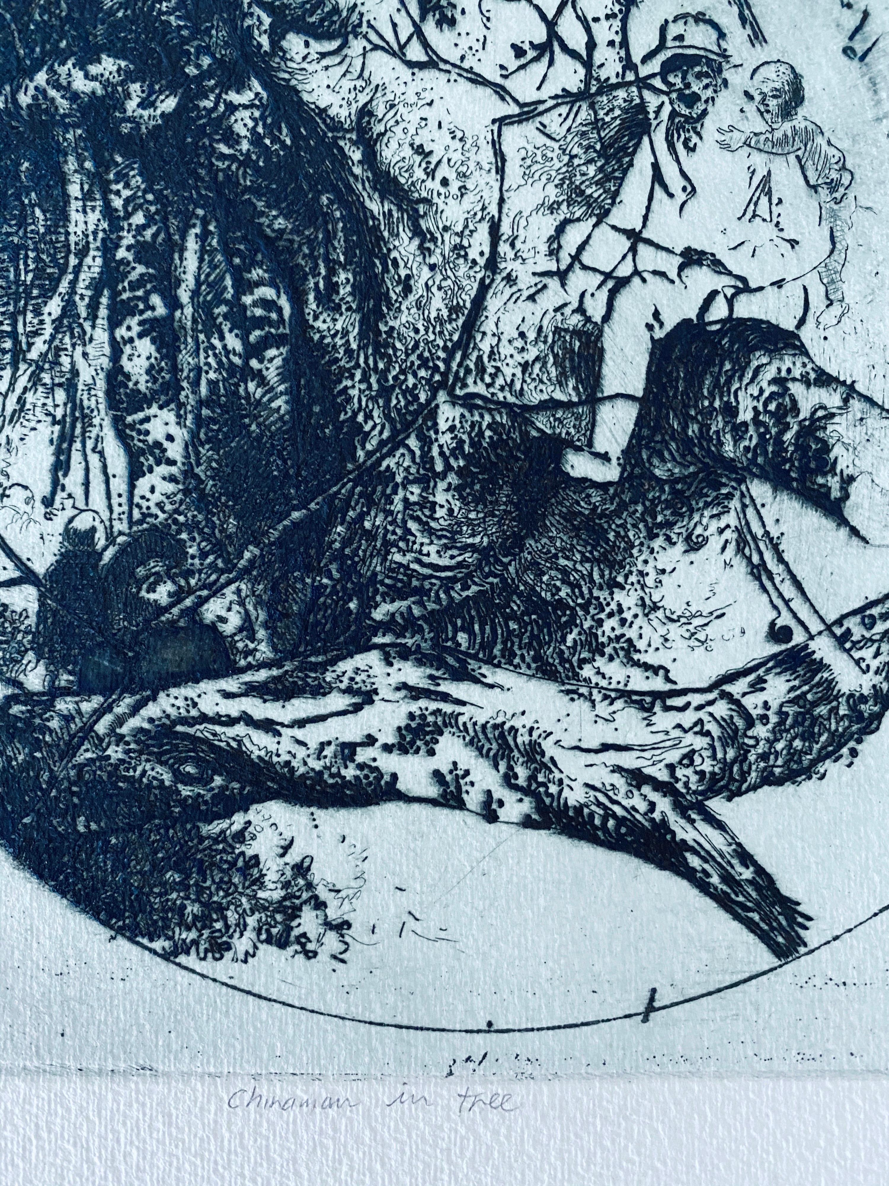 Chinese Man In Tree, American Modernist Abstract Etching - Gray Interior Print by Robert A. Birmelin
