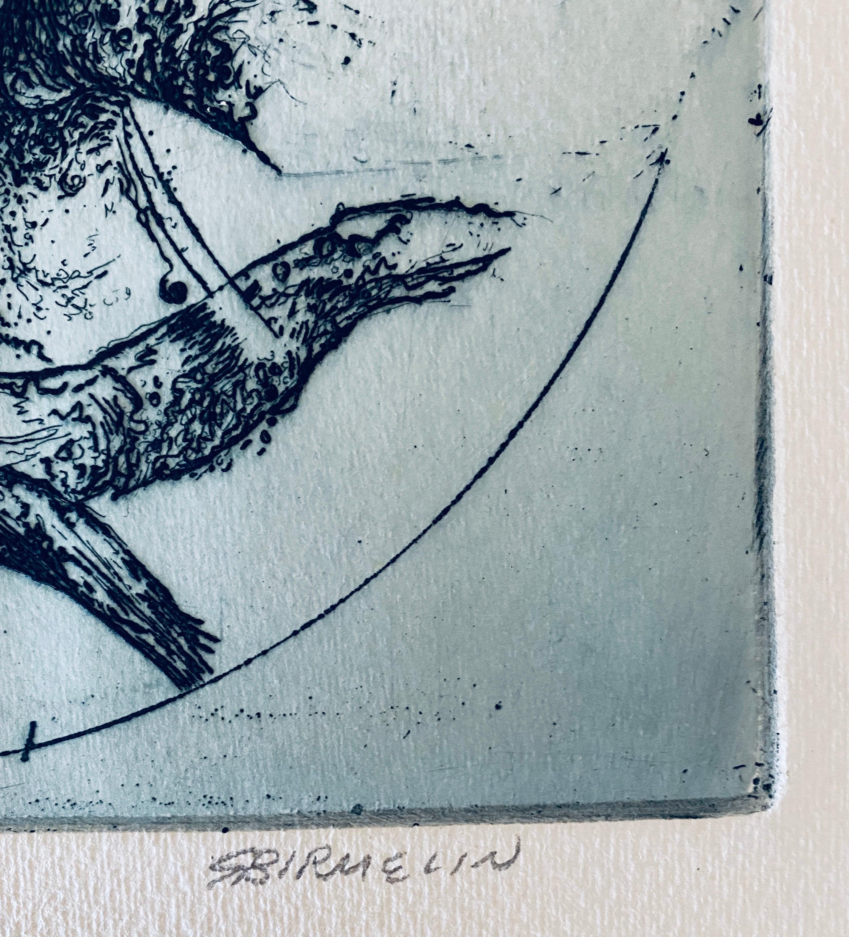 Chinese Man In Tree, American Modernist Abstract Etching - Gray Interior Print by Robert A. Birmelin