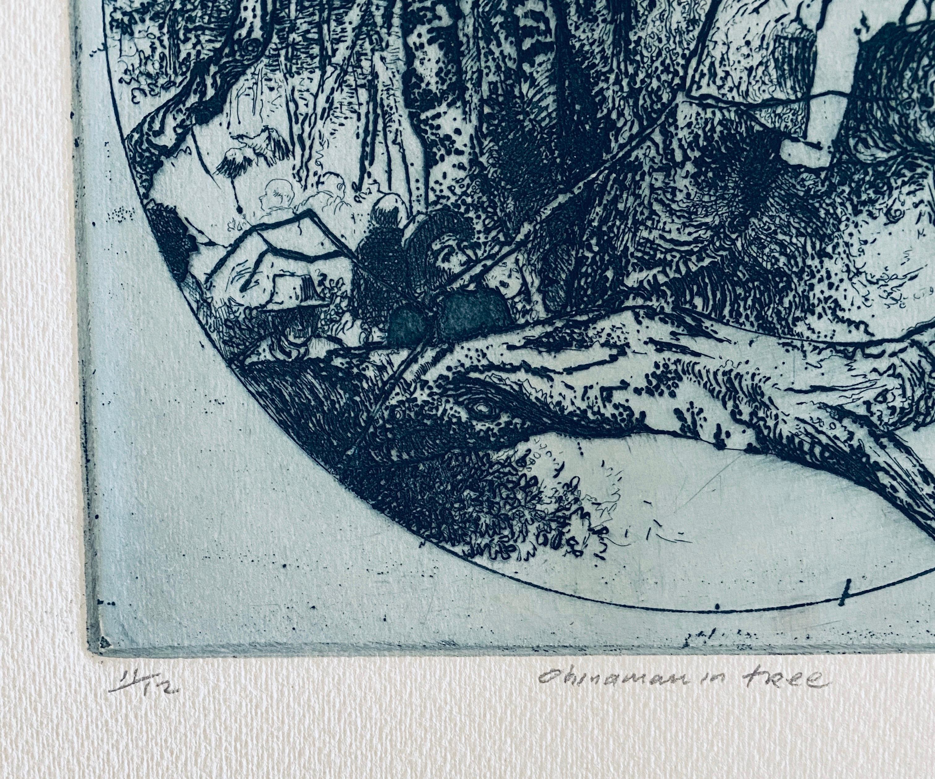 Hombre chino en un árbol, aguafuerte abstracto modernista americano - Interior Print Gris de Robert A. Birmelin