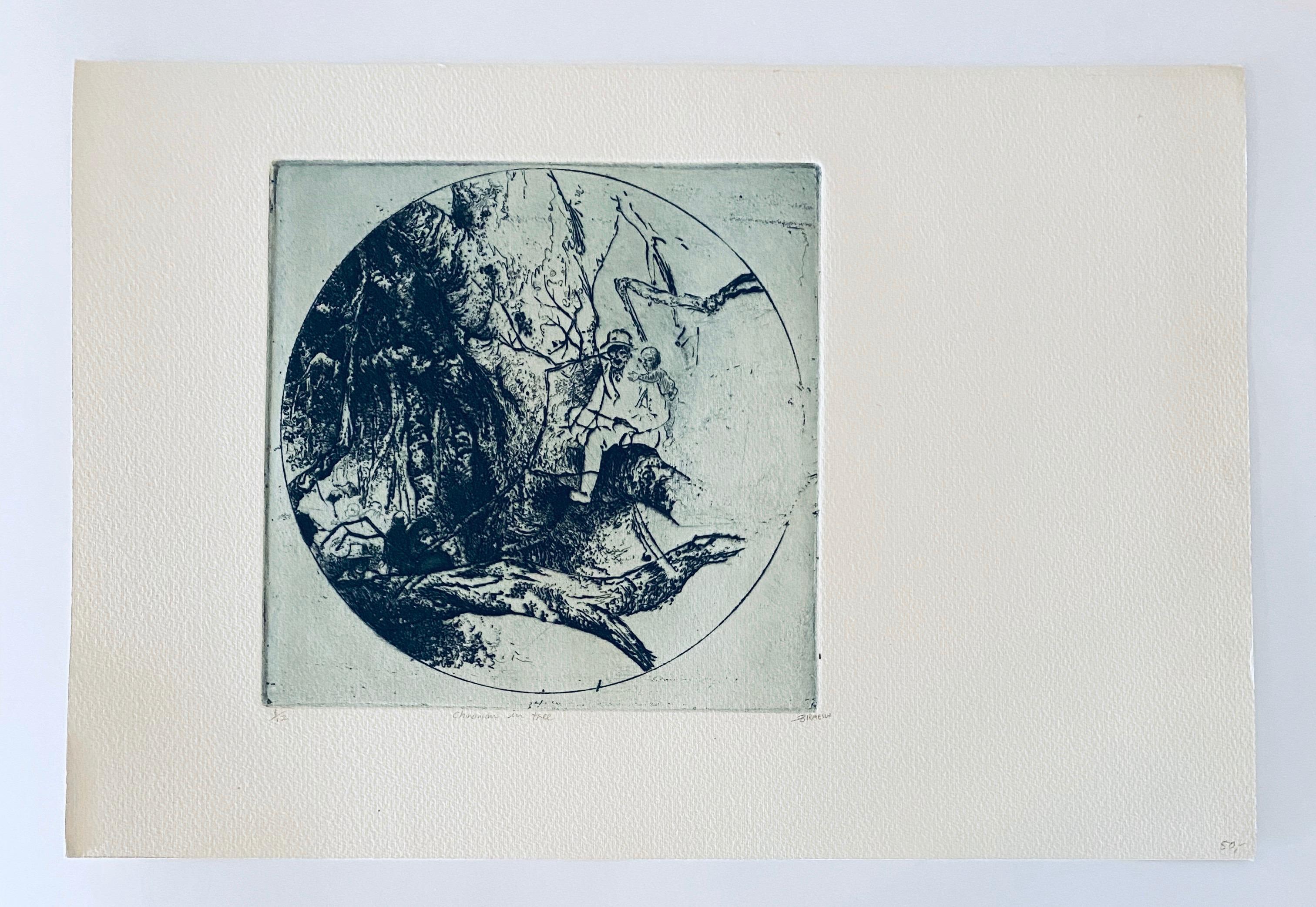 Chinese Man In Tree, American Modernist Abstract Etching For Sale 2