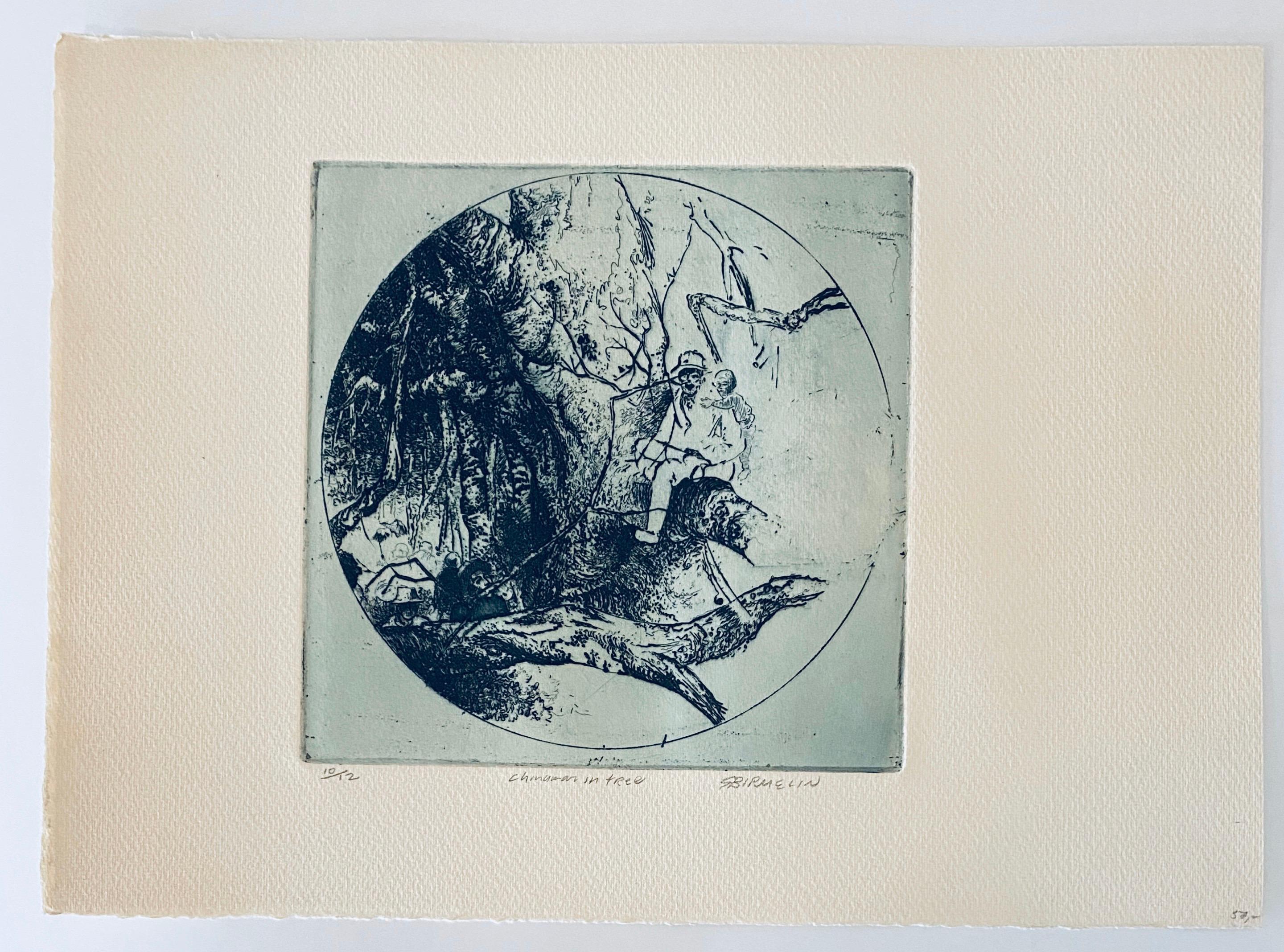 Chinese Man In Tree, American Modernist Abstract Etching For Sale 2