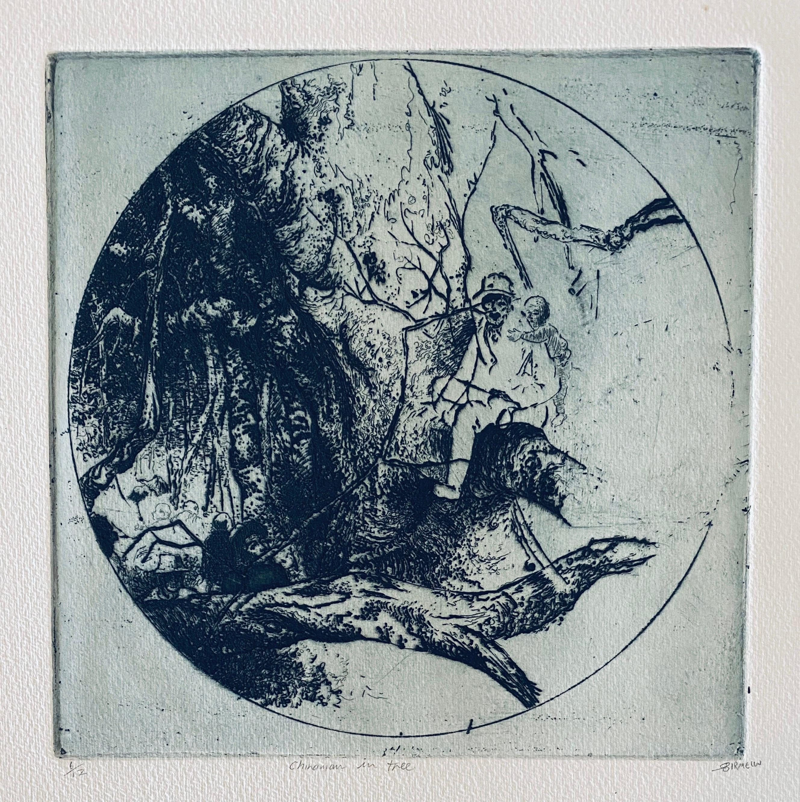 Robert A. Birmelin Interior Print - Chinese Man In Tree, American Modernist Abstract Etching