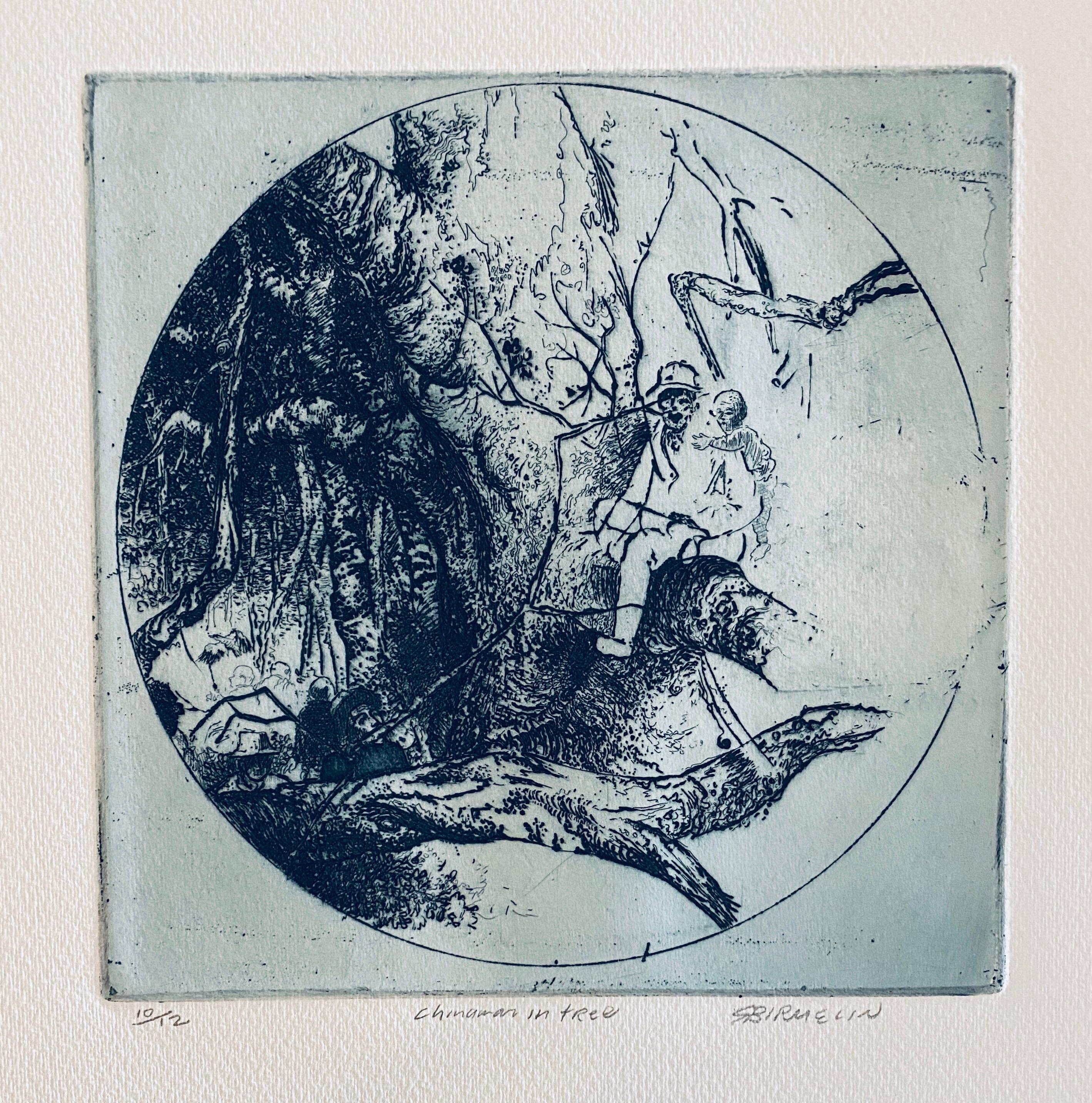 Robert A. Birmelin Interior Print - Chinese Man In Tree, American Modernist Abstract Etching
