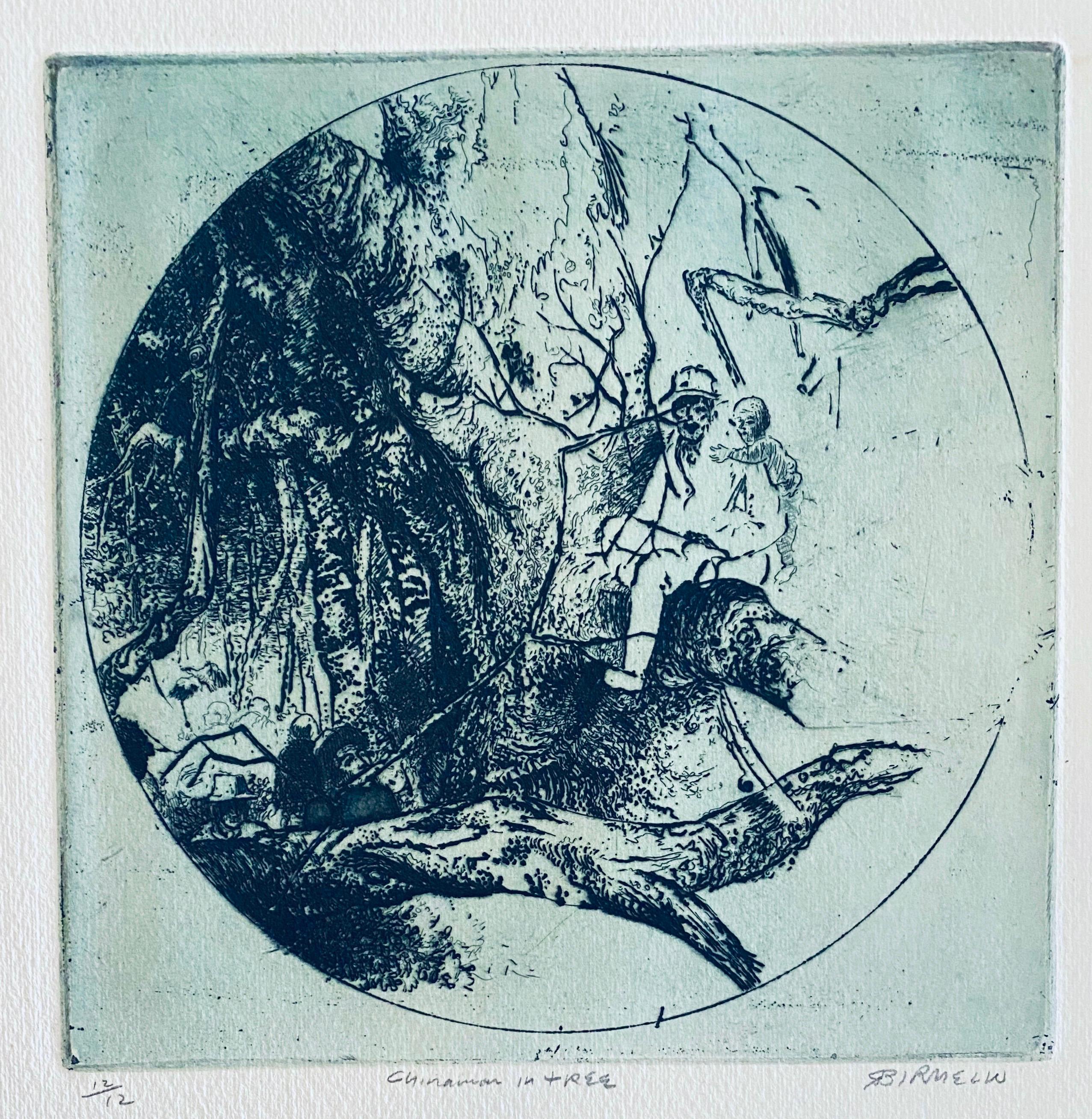 Robert A. Birmelin Interior Print - Chinese Man In Tree, American Modernist Abstract Etching