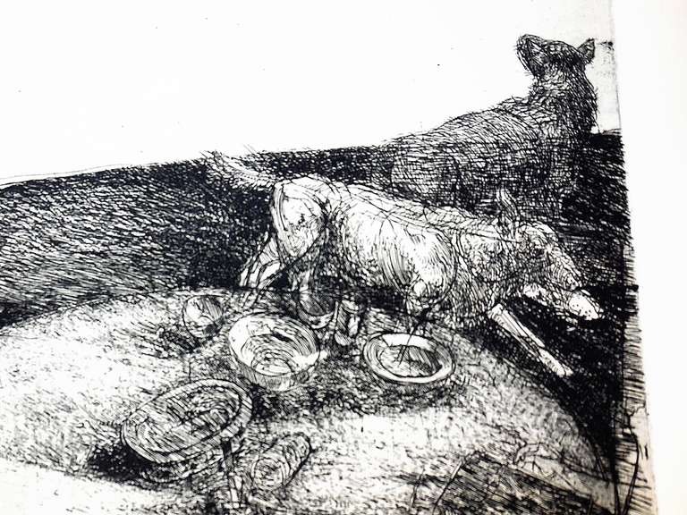 Des chiens chevauchant par table - Gris Interior Print par Robert A. Birmelin