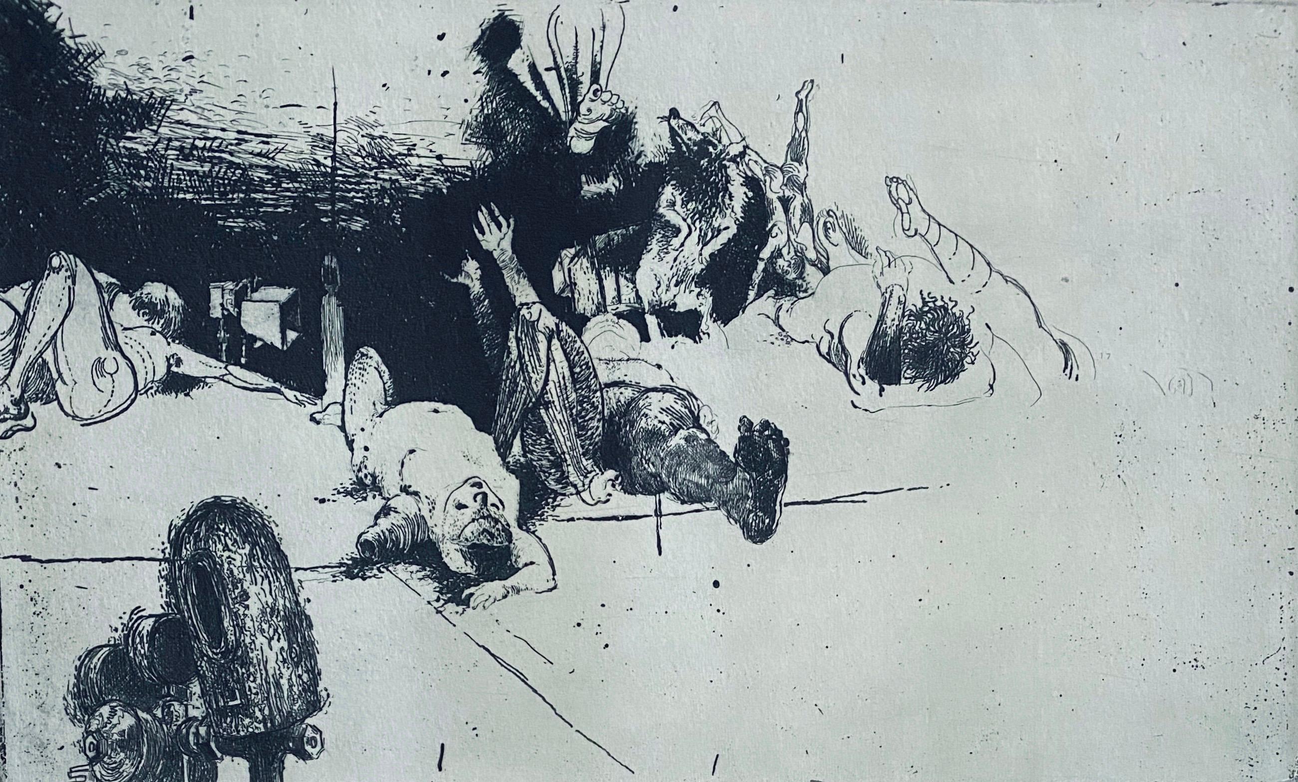 Fallen Figures. Standing Dog, American Modernist Abstract Etching - Print by Robert A. Birmelin