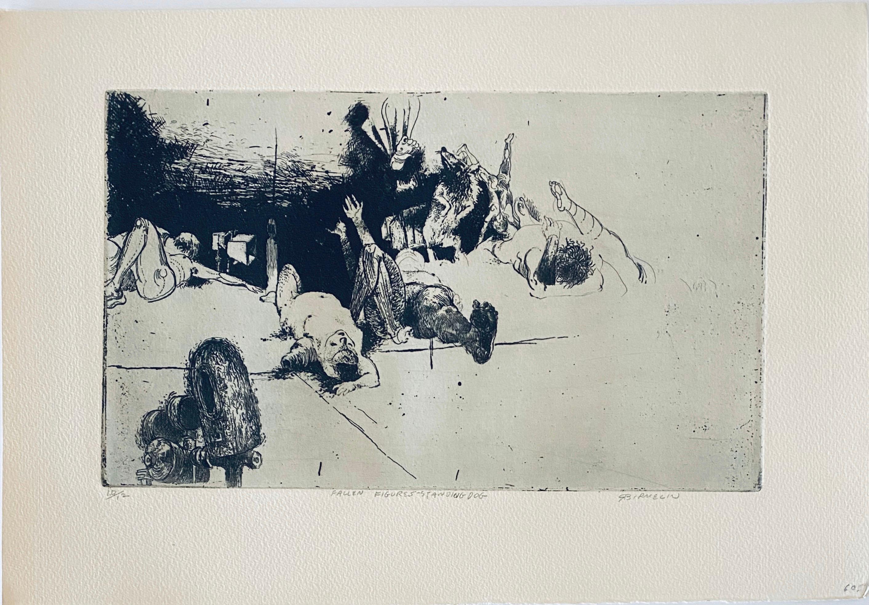 Fallen Figures. Standing Dog, American Modernist Abstract Etching - Print by Robert A. Birmelin