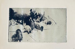 Figure cadute. Cane in piedi, acquaforte astratta modernista americana