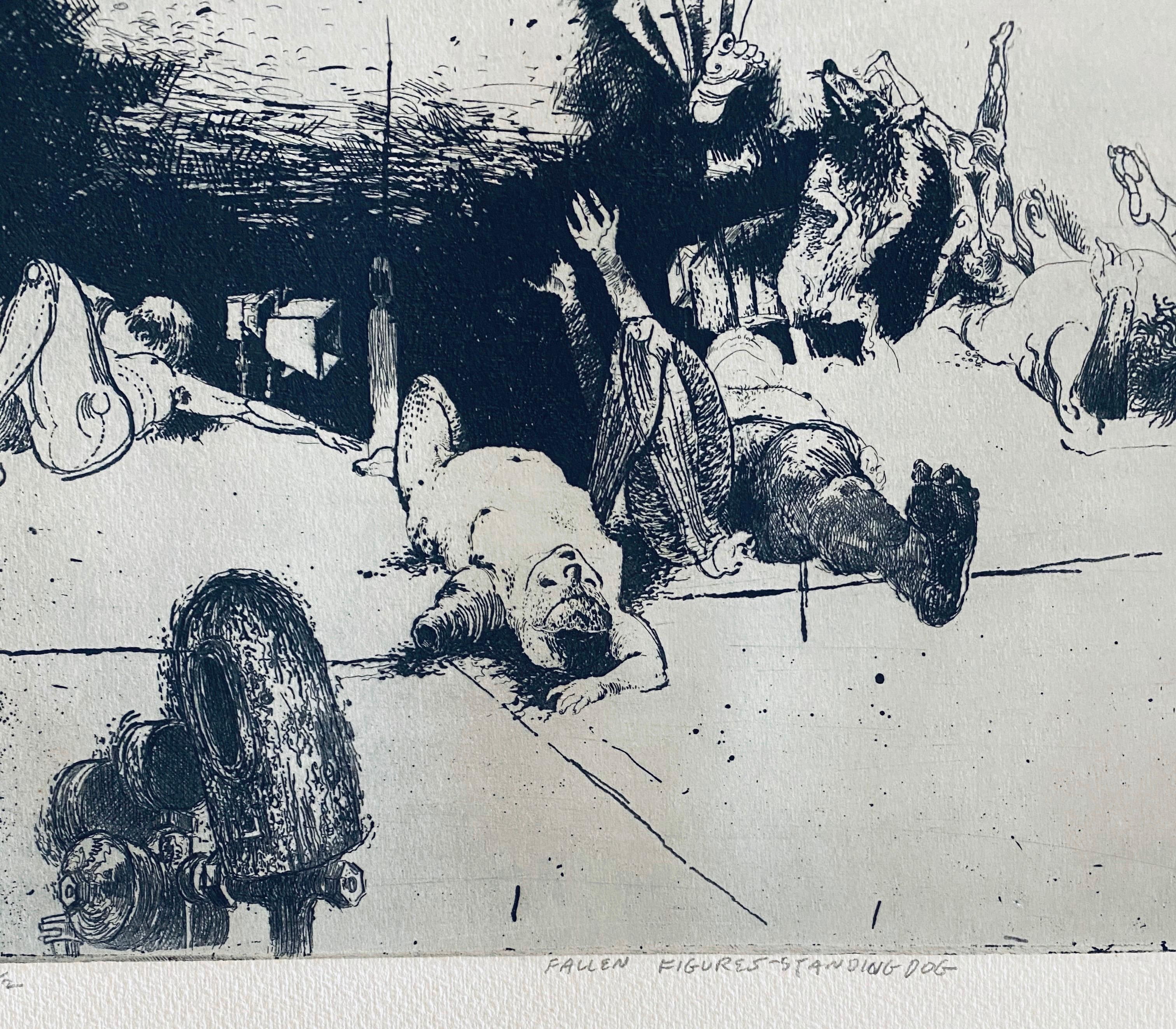Fallen Figures. Standing Dog, American Modernist Abstract Etching - Gray Interior Print by Robert A. Birmelin