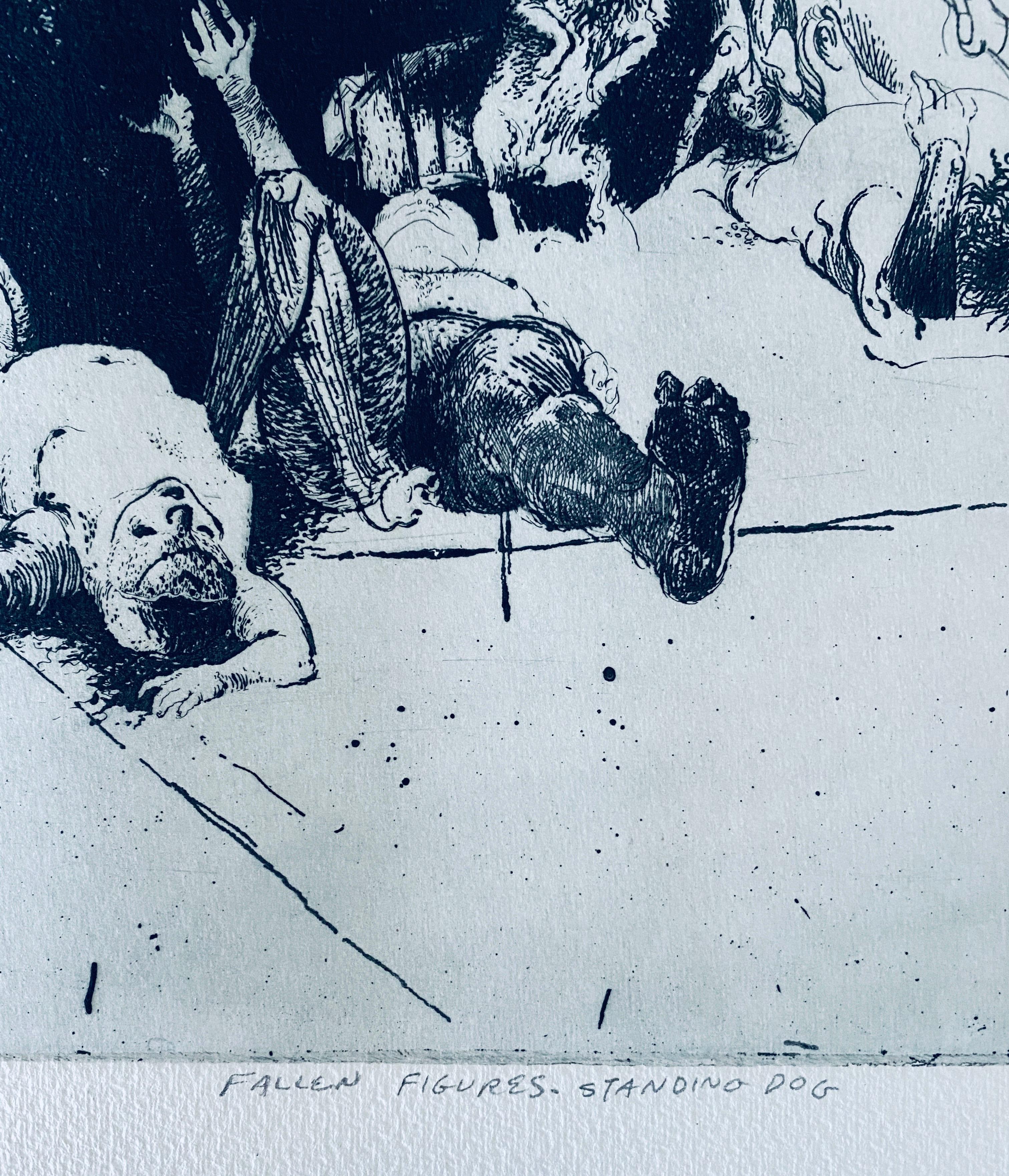 Fallen Figures. Standing Dog, American Modernist Abstract Etching - Blue Interior Print by Robert A. Birmelin