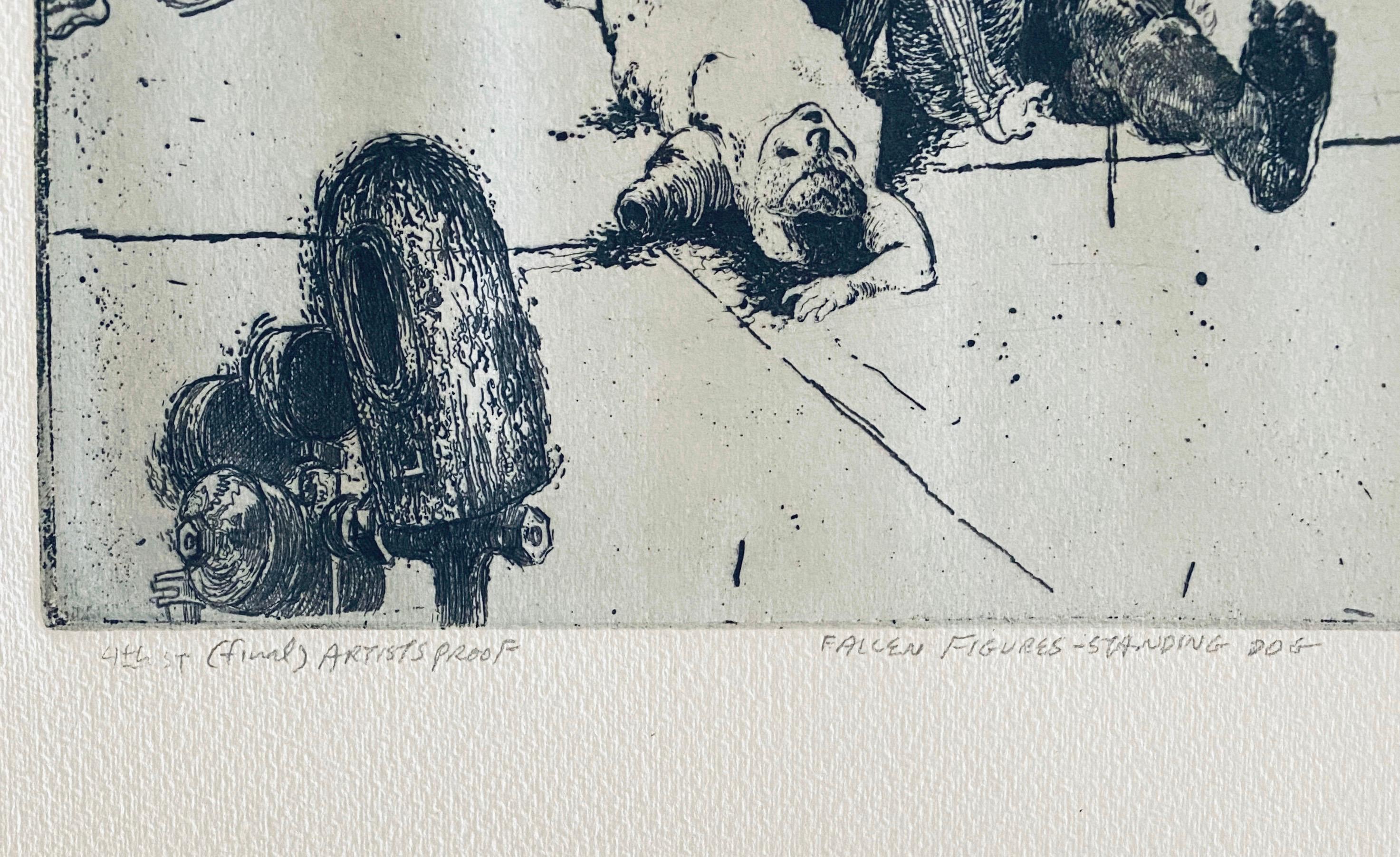 Fallen Figures. Standing Dog, American Modernist Abstract Etching - Gray Interior Print by Robert A. Birmelin