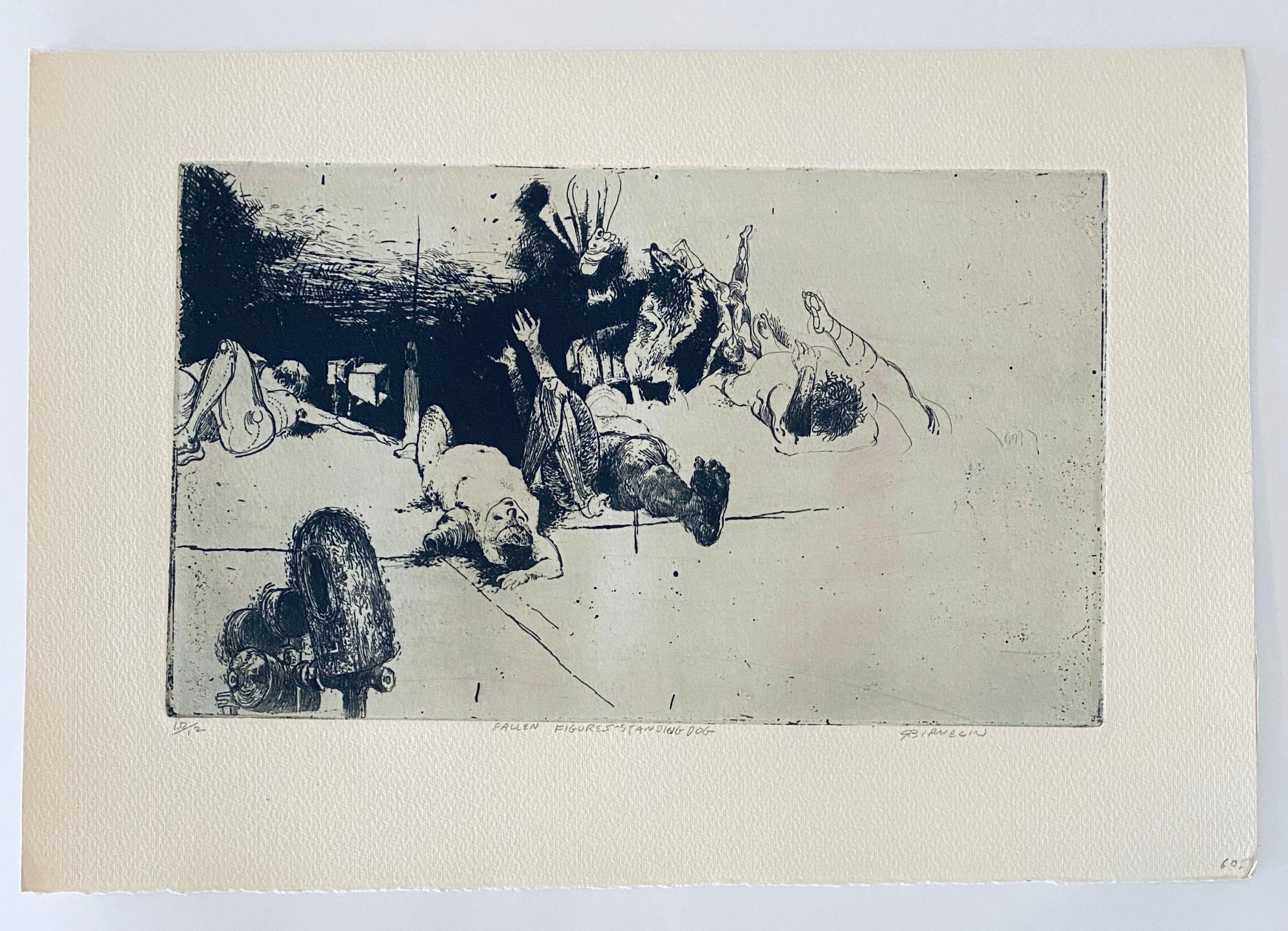 Fallen Figures. Standing Dog, American Modernist Abstract Etching For Sale 2