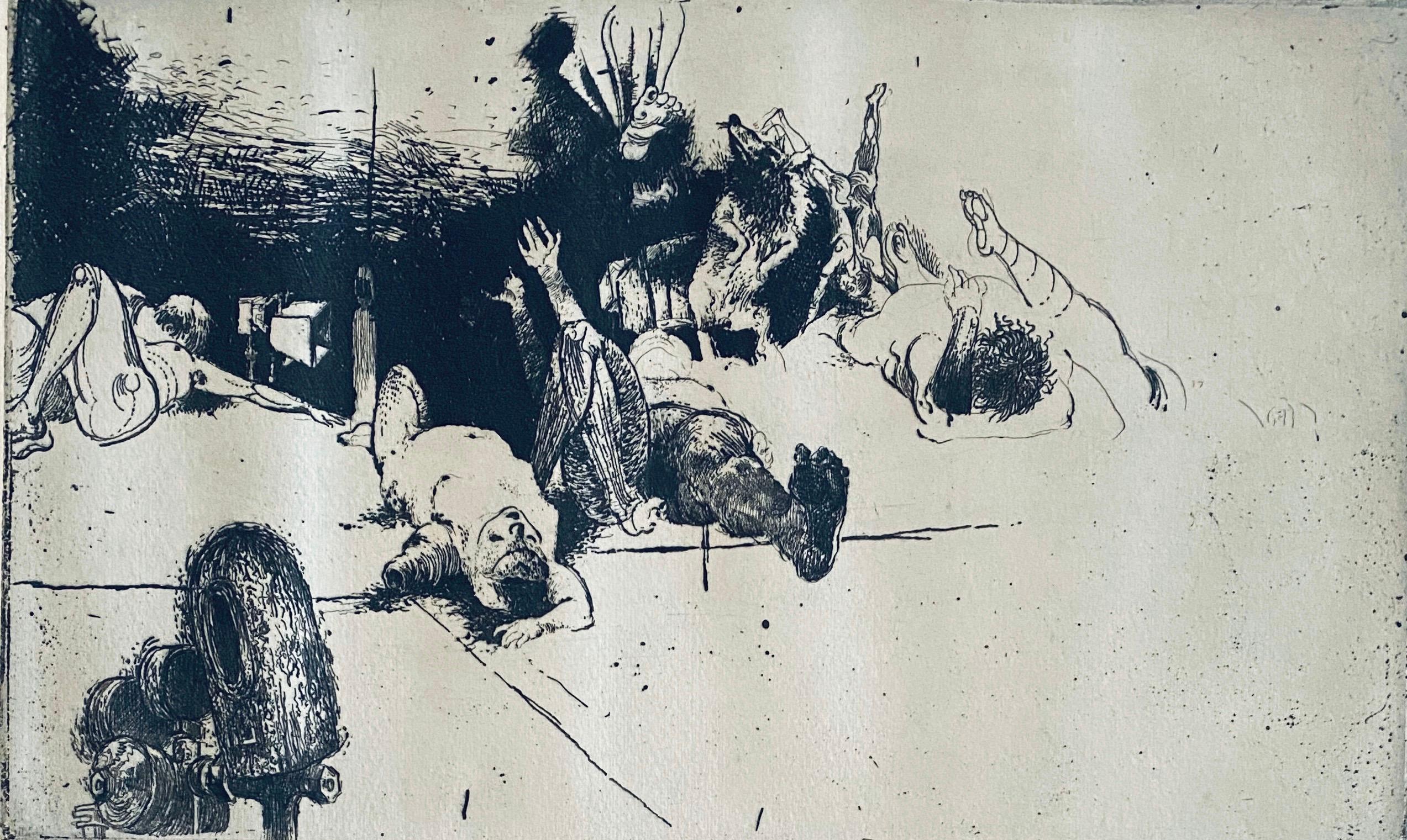 Robert A. Birmelin Interior Print - Fallen Figures. Standing Dog, American Modernist Abstract Etching
