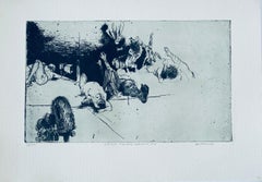 Figuras caídas. Perro de pie, aguafuerte abstracto modernista americano