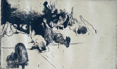 Figuras caídas. Perro de pie, aguafuerte abstracto modernista americano