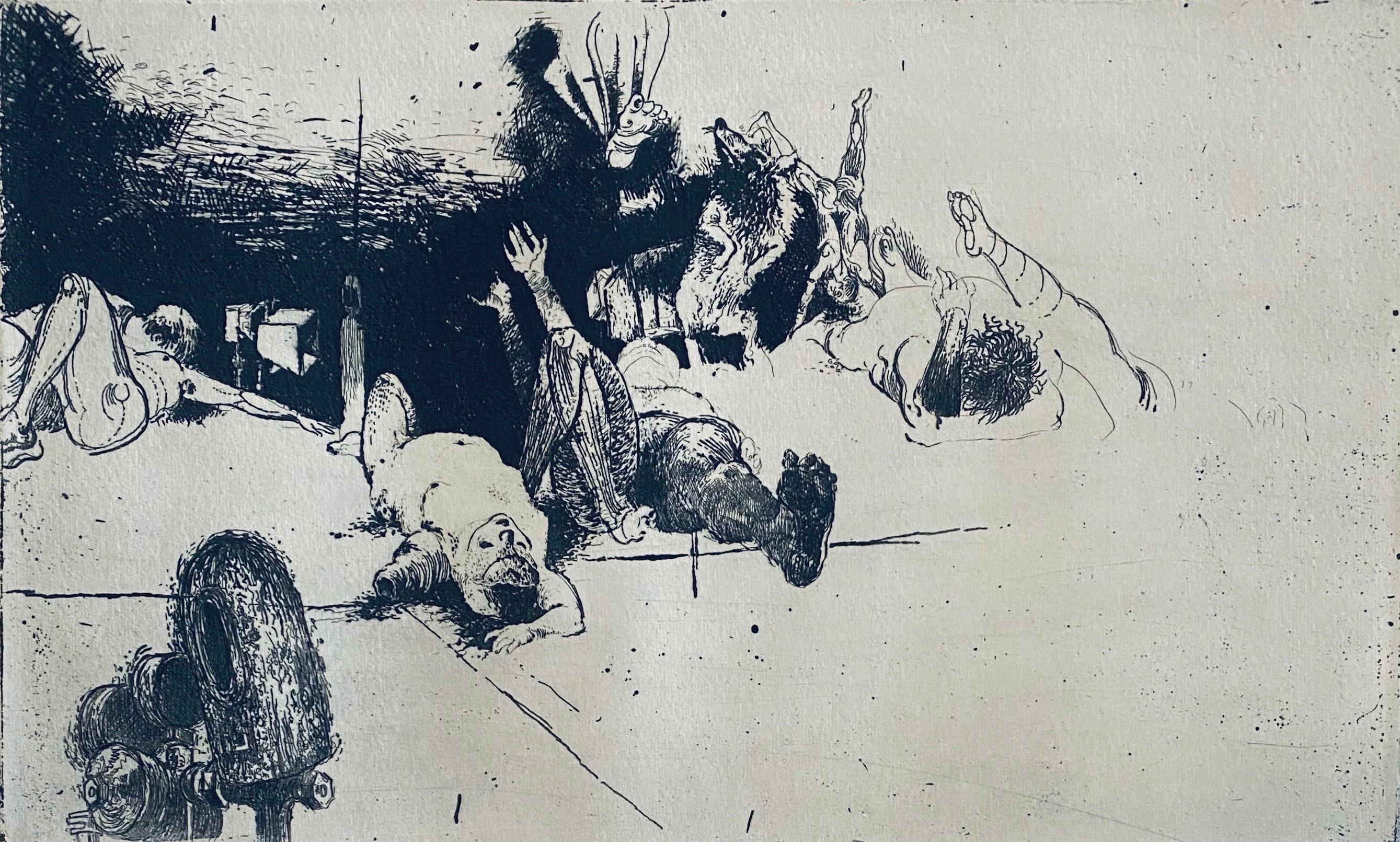 Robert A. Birmelin Interior Print - Fallen Figures. Standing Dog, American Modernist Abstract Etching