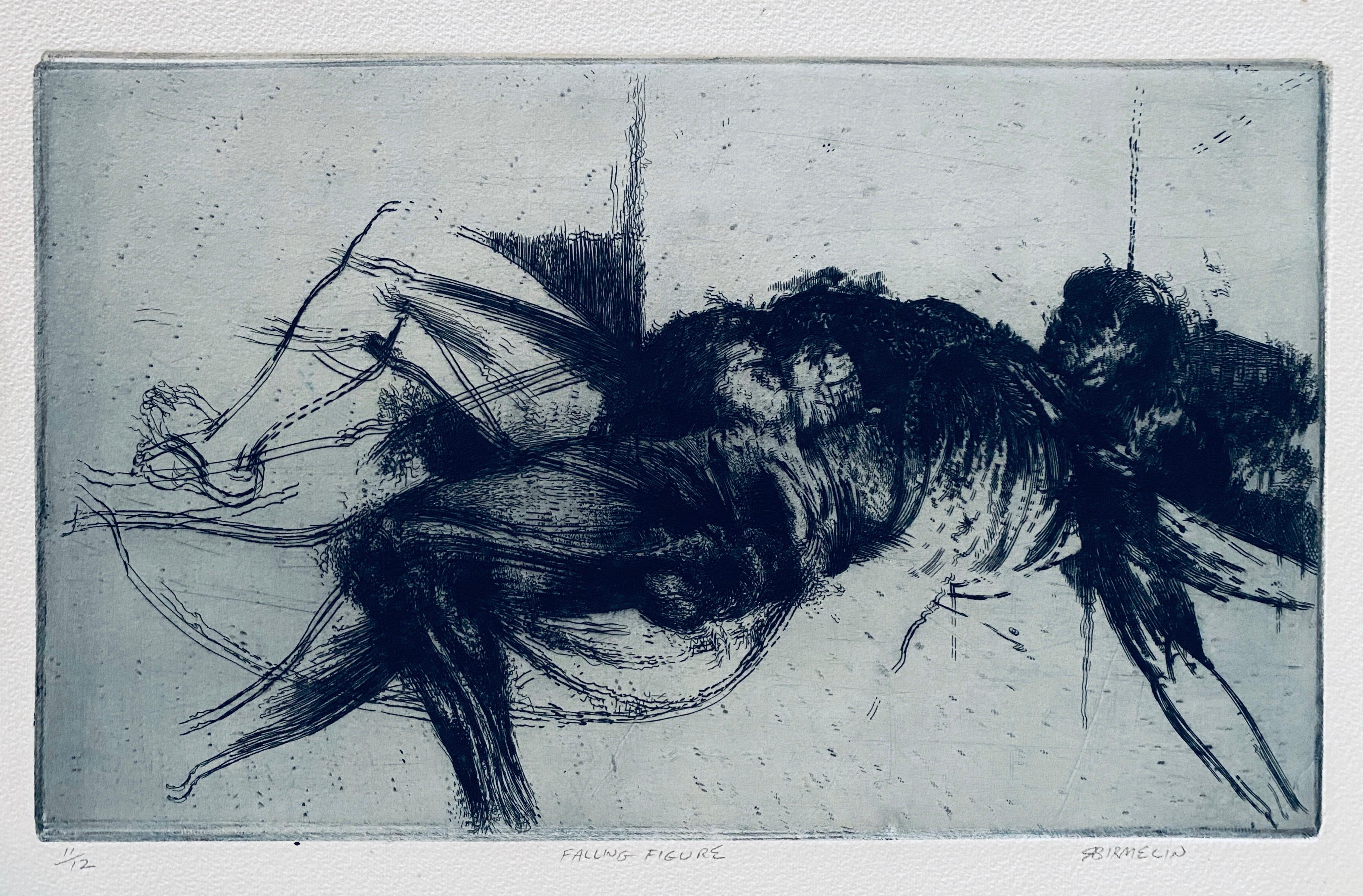 Figura en caída, aguafuerte abstracto modernista americano - Print de Robert A. Birmelin