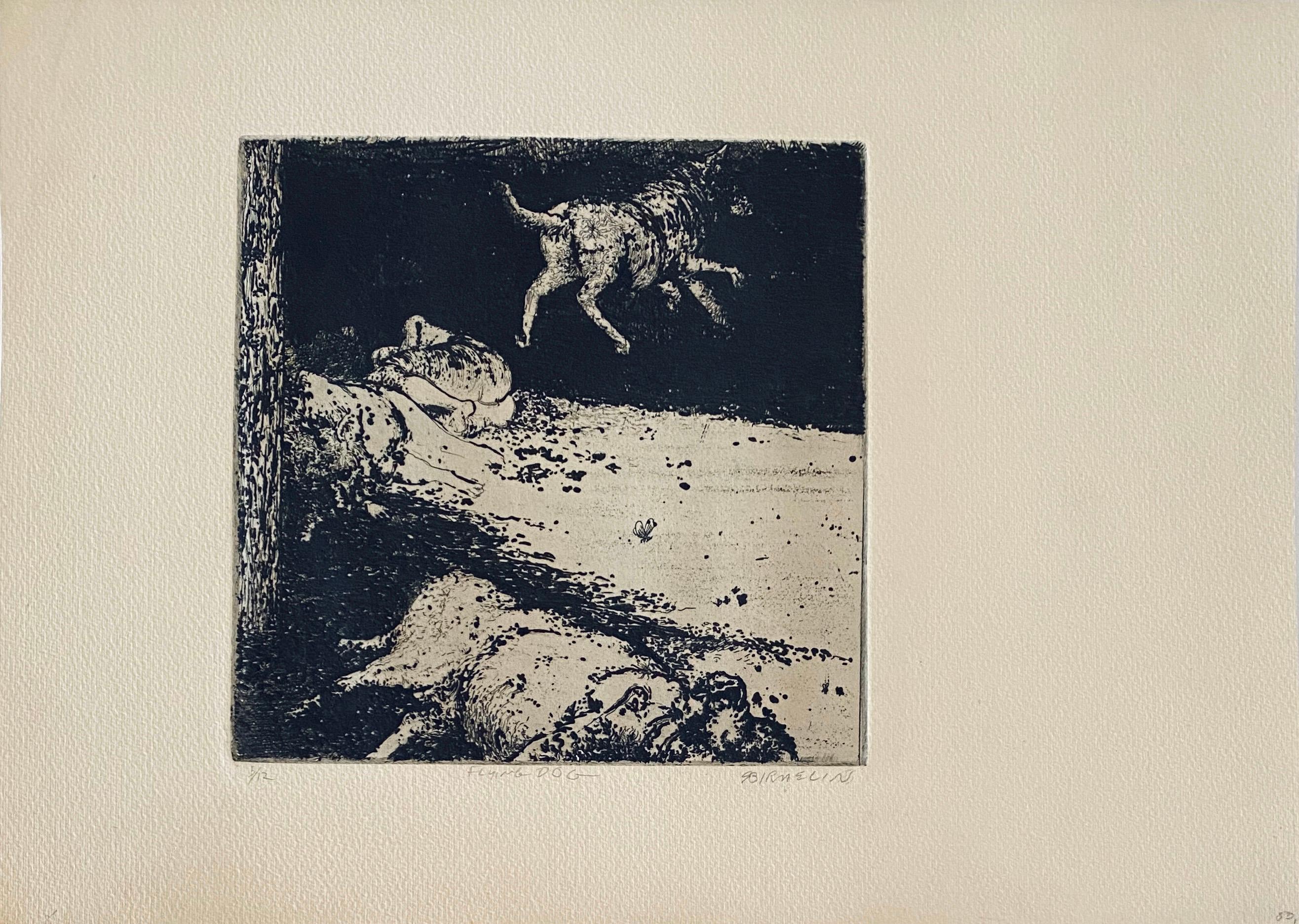 Perro volador, aguafuerte abstracto modernista americano - Print de Robert A. Birmelin
