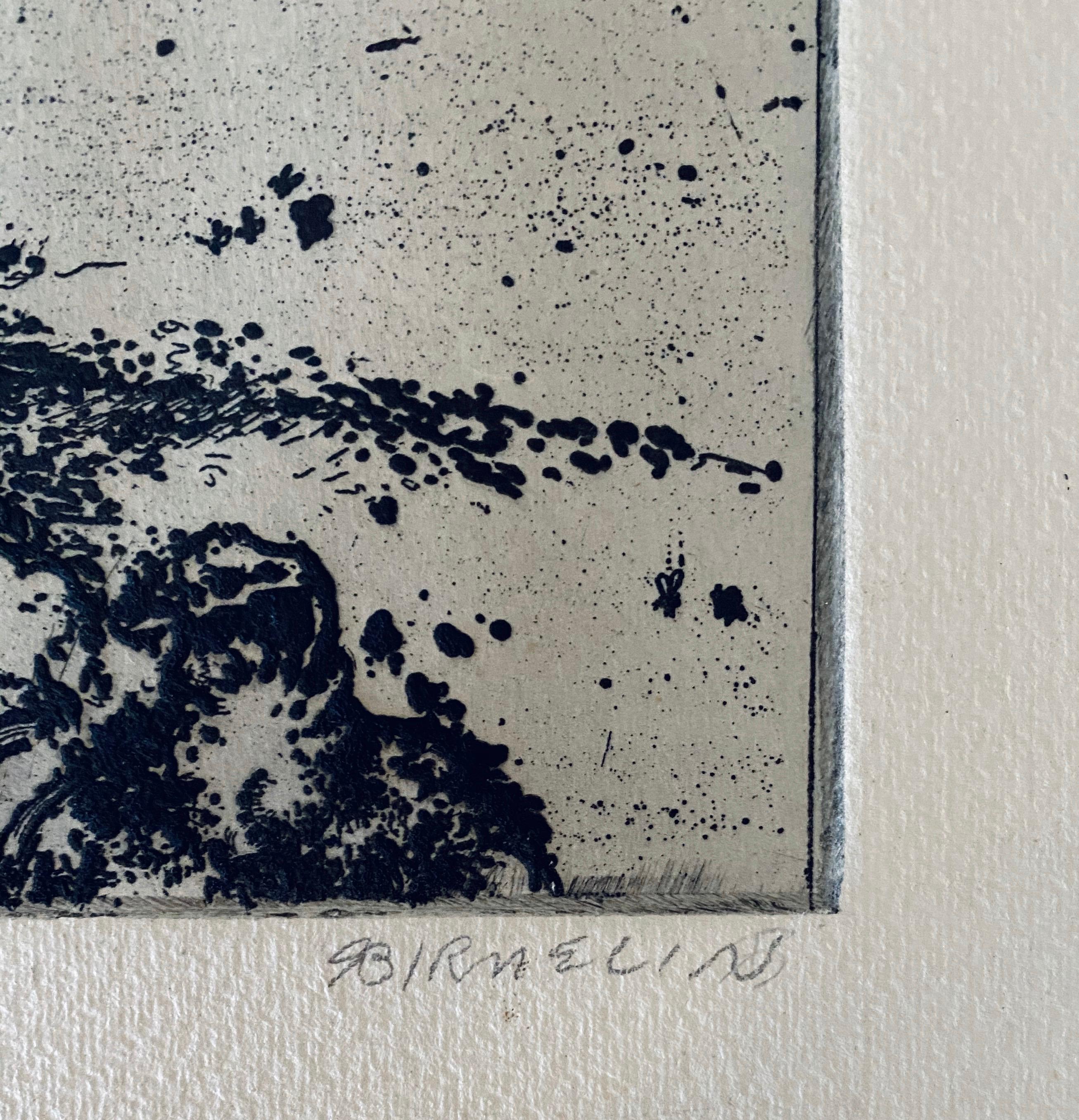 Perro volador, aguafuerte abstracto modernista americano - Print moderno estadounidense de Robert A. Birmelin