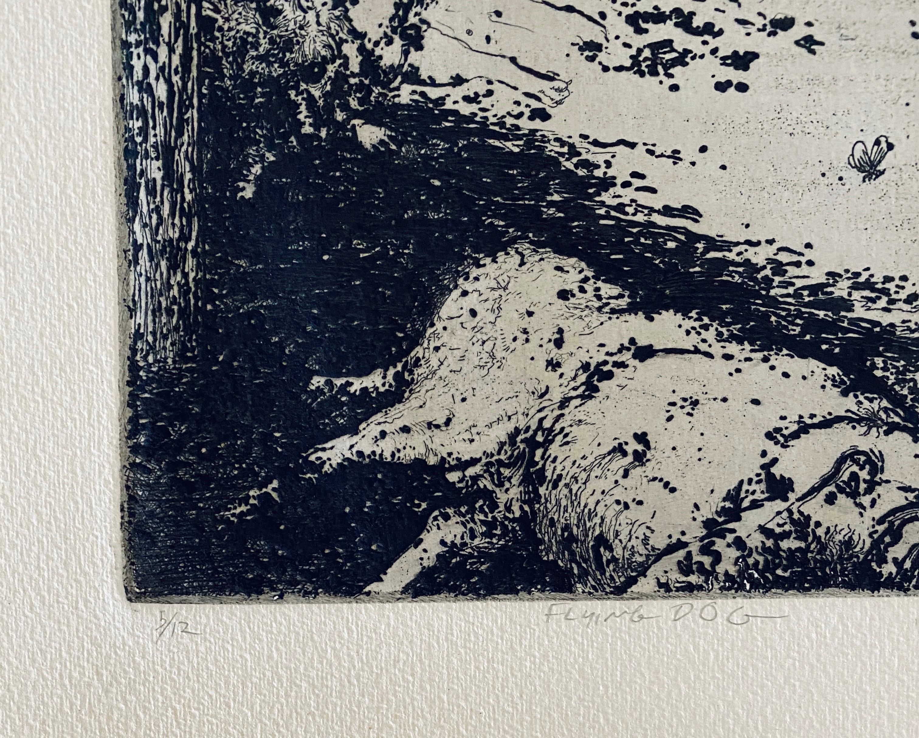 Perro volador, aguafuerte abstracto modernista americano - Interior Print Negro de Robert A. Birmelin