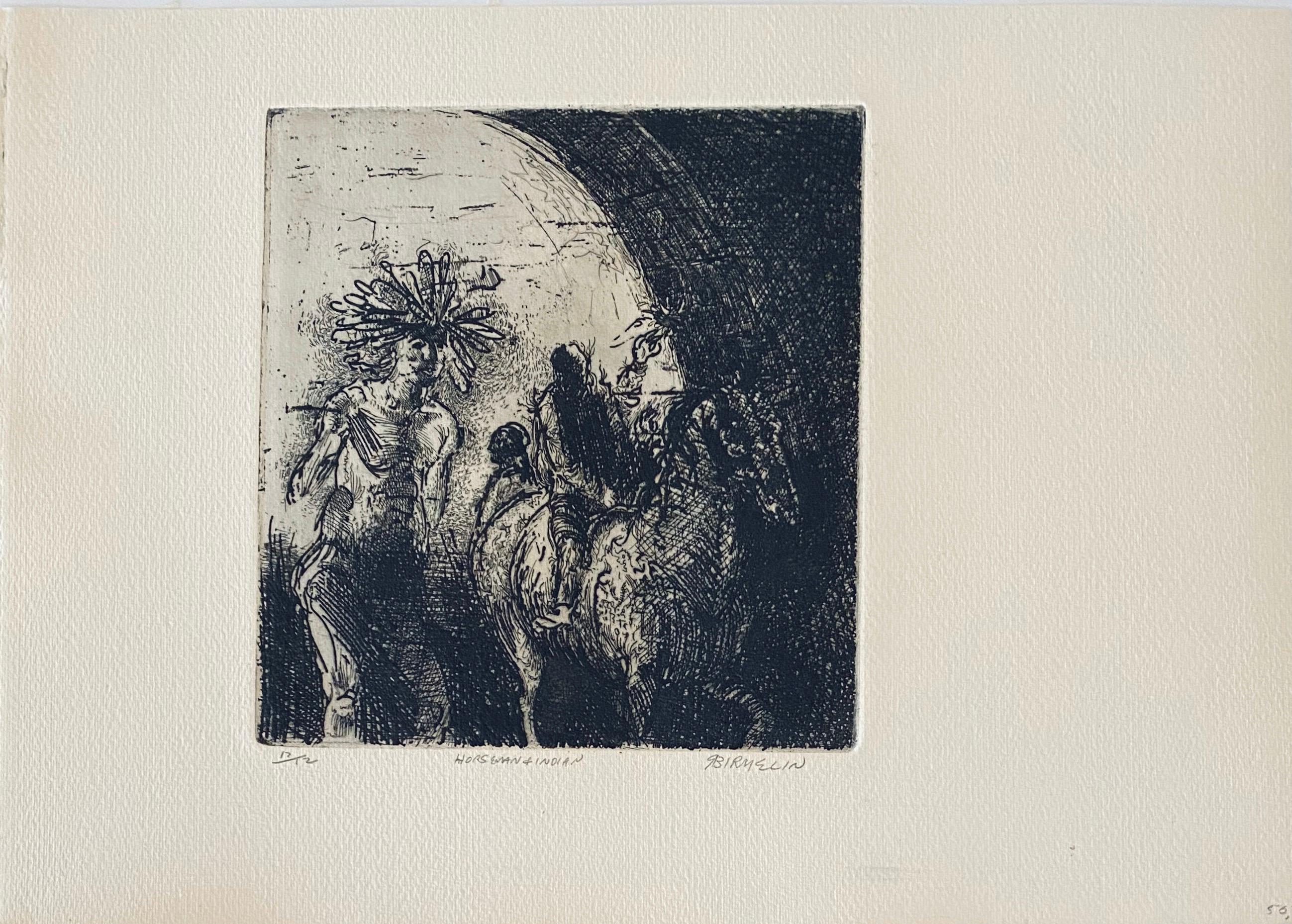 Horseman & Indian, American Modernist Abstract Etching - Print by Robert A. Birmelin