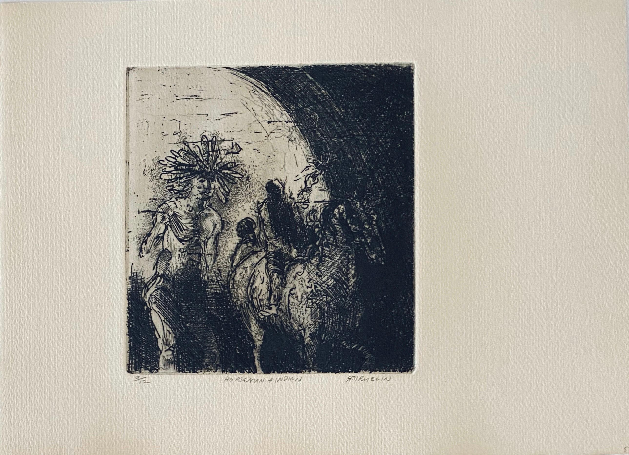 Horseman & Indian, American Modernist Abstract Etching - Print by Robert A. Birmelin