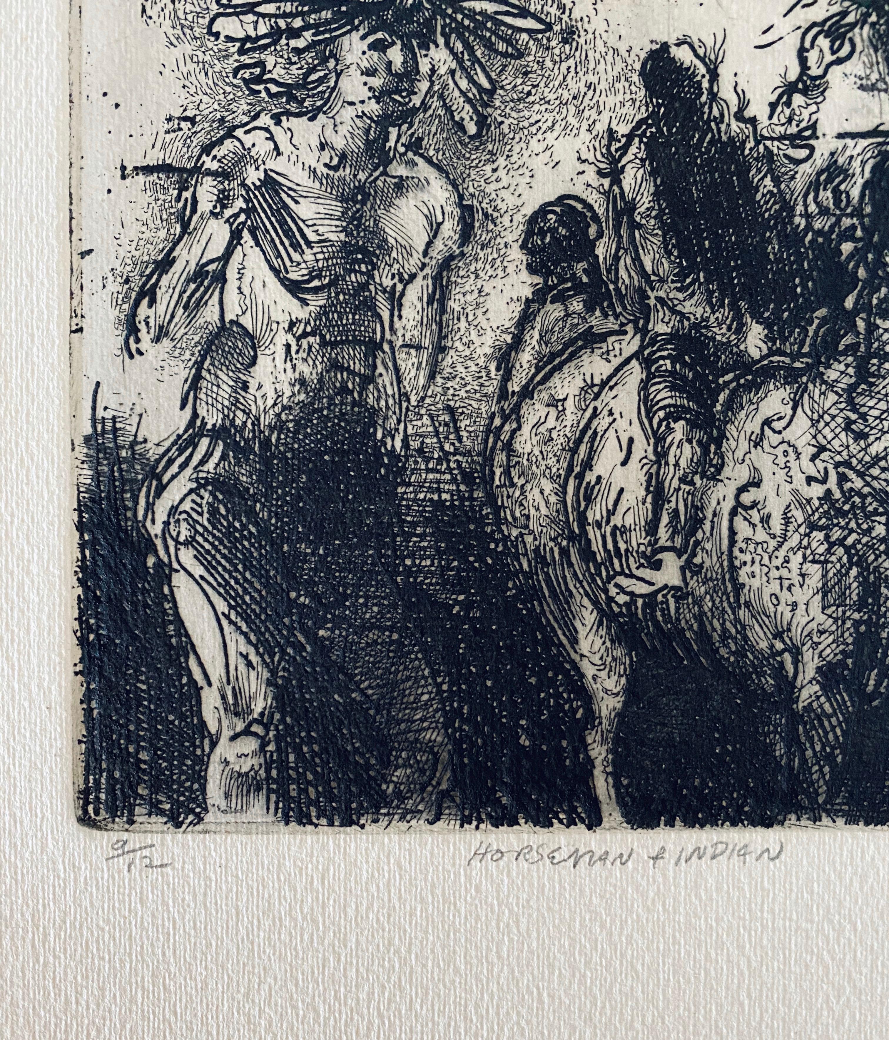 Horseman & Indian, American Modernist Abstract Etching - Black Interior Print by Robert A. Birmelin
